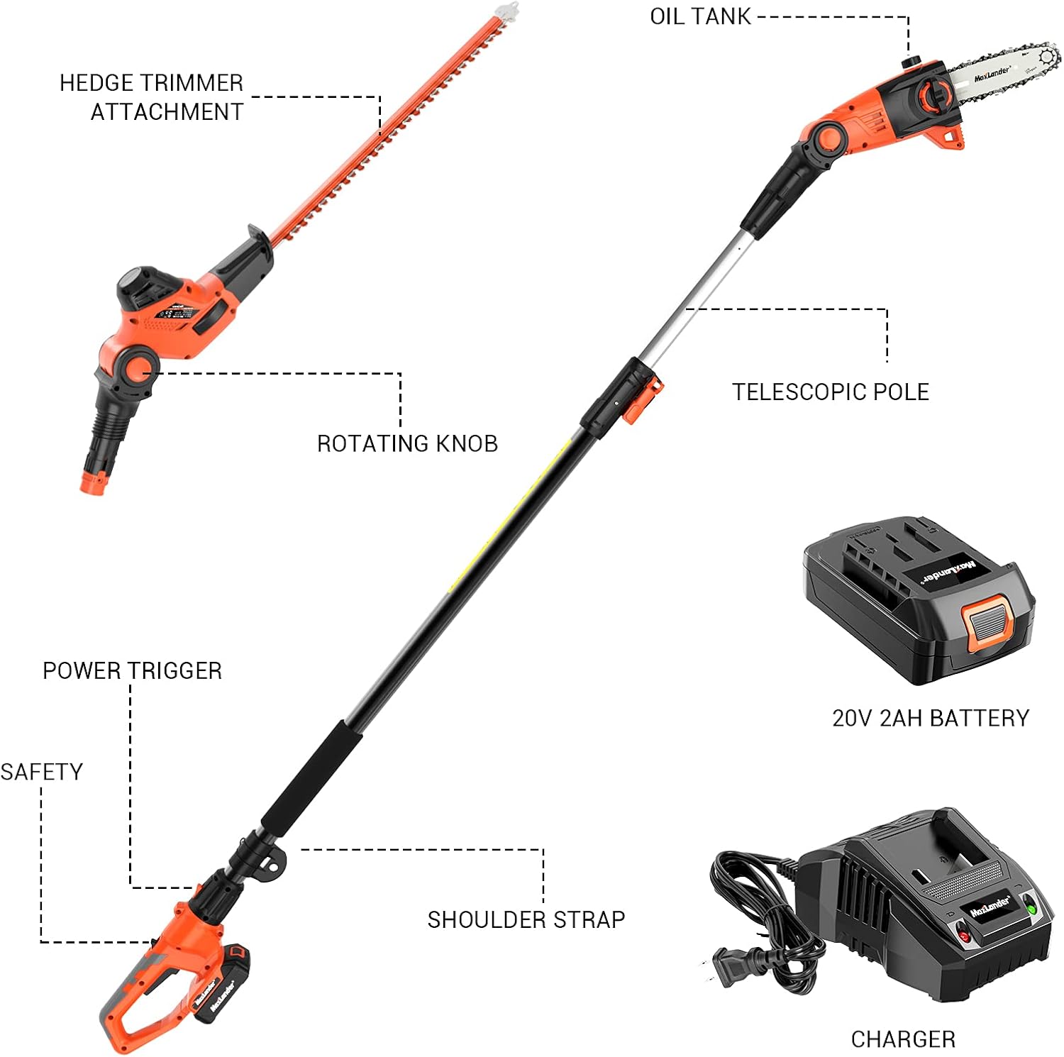 MAXLANDER 20V Electric Pole Saw Hedge Trimmer Multi-Angle Telescoping 2 in 1 Combo Kit 2.0Ah Battery and Charger Included Auto-Oiling