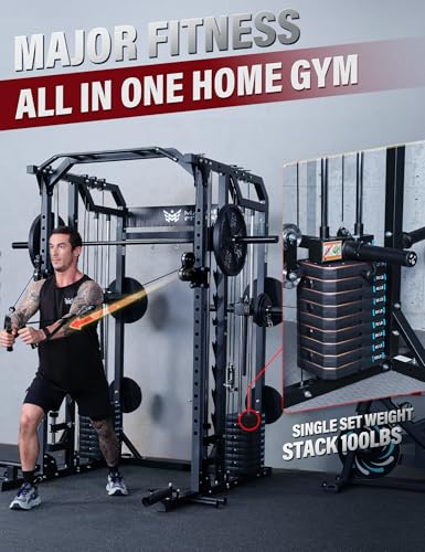 Major Fitness Drone2 Advanced Training Smith Machines– All-in-One Home Gym Squat Rack with Aluminum Pulley Set , Weight Bar, Dual LAT Pull-Down Systems & Cable Crossover Machine for Full-Body Workouts