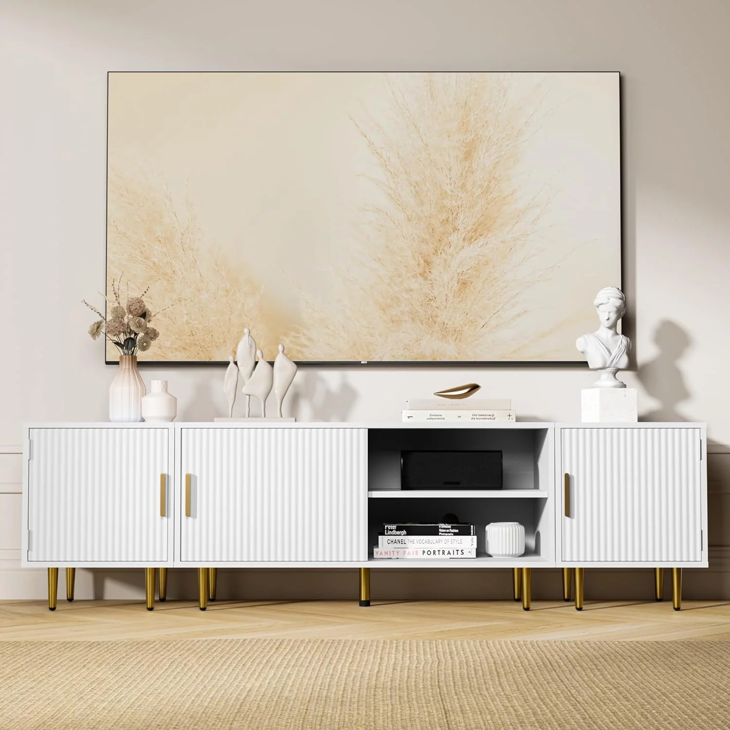 Cozy Castle 70" TV Stand for 50/60/70/80 inch TV, Modern Entertainment Center for Up to 80" TV, TV Media Stand with Storage Cabinet, TV Console with Gold Legs for Living Room, Bedroom, White