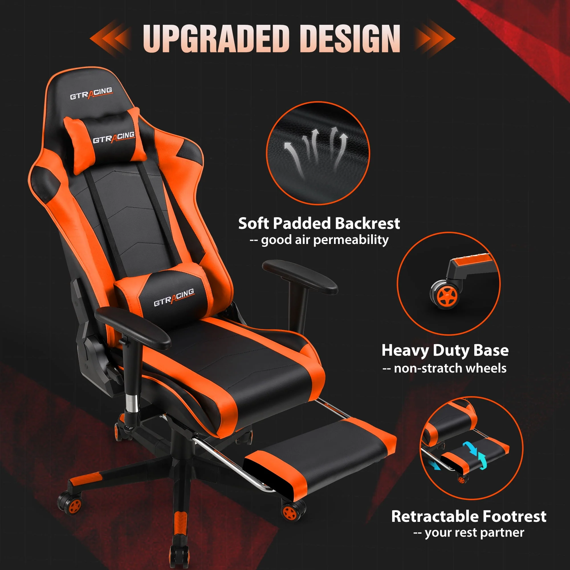 GTRACING Gaming Chair Office Chair PU Leather with Footrest & Adjustable Headrest, Red