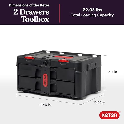 Keter Stack-n-Roll Modular Tools Organizer for Garage Storage and DIY, 3 Piece Resin Rolling Tool Box System for Small Parts, Black