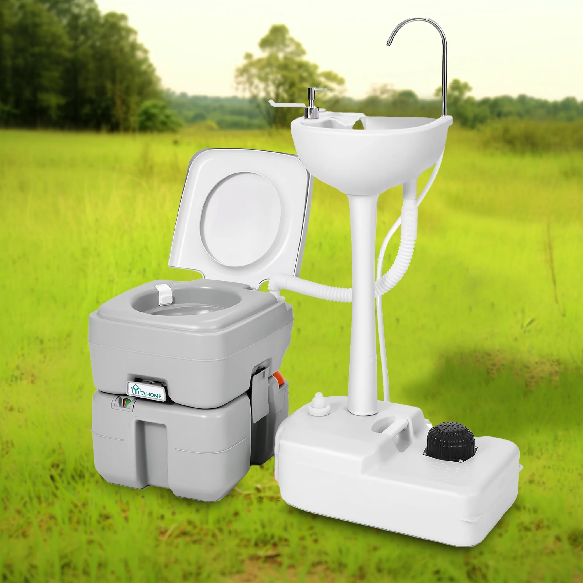 Dextrus 5.3 Gallon Portable Toilet and 17L Portable Camping Sink Hand Wash Basin Station & Flush Potty for Outdoor,Camping, RV Toilet