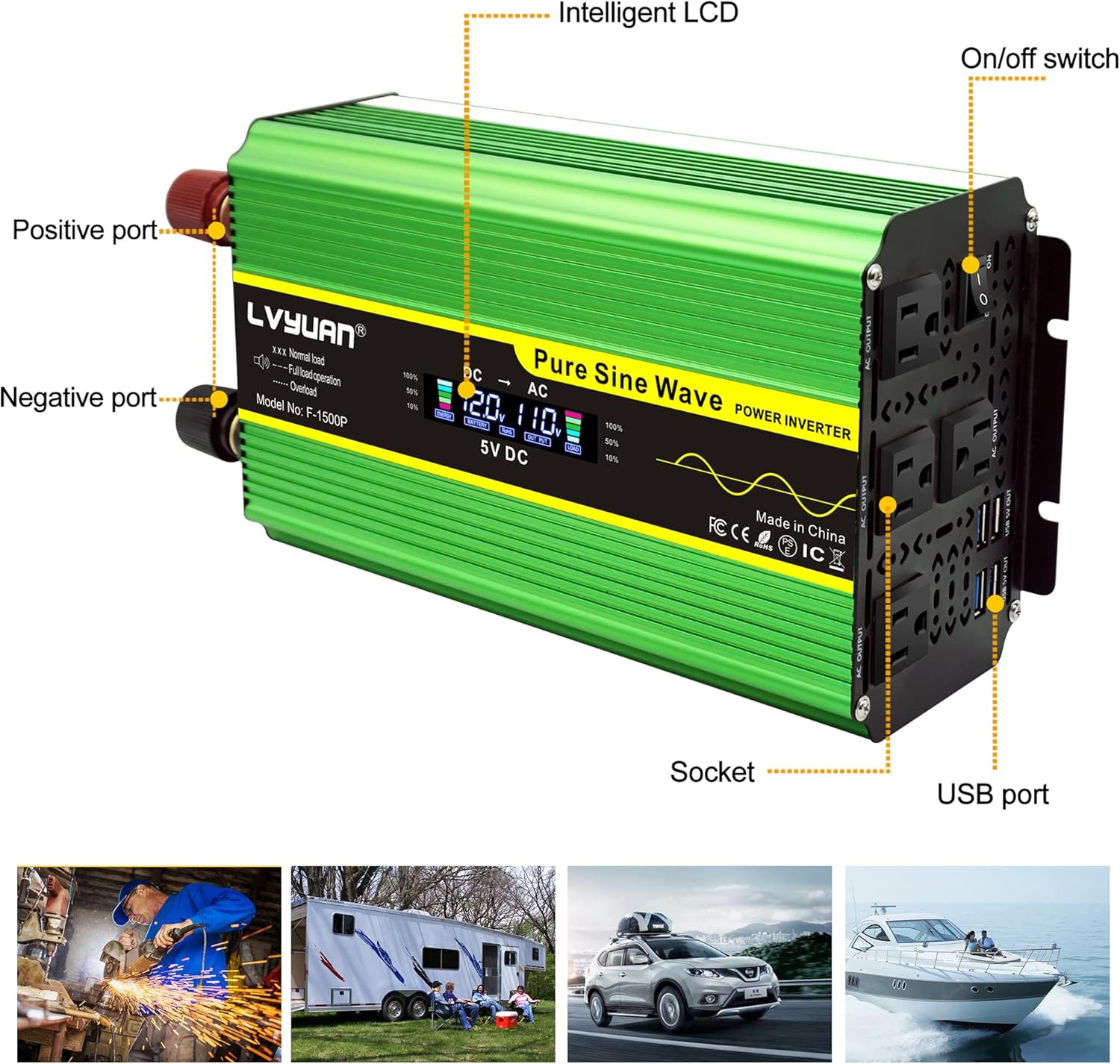 LVYUAN Pure Sine Wave Inverter 1600 Watts Inverter 12V to 110V DC to AC with Remote Controller, LCD Display 4 AC Sockets and 4 USB Ports for Car Truck Solar Power (PSW1600W-GREEN)