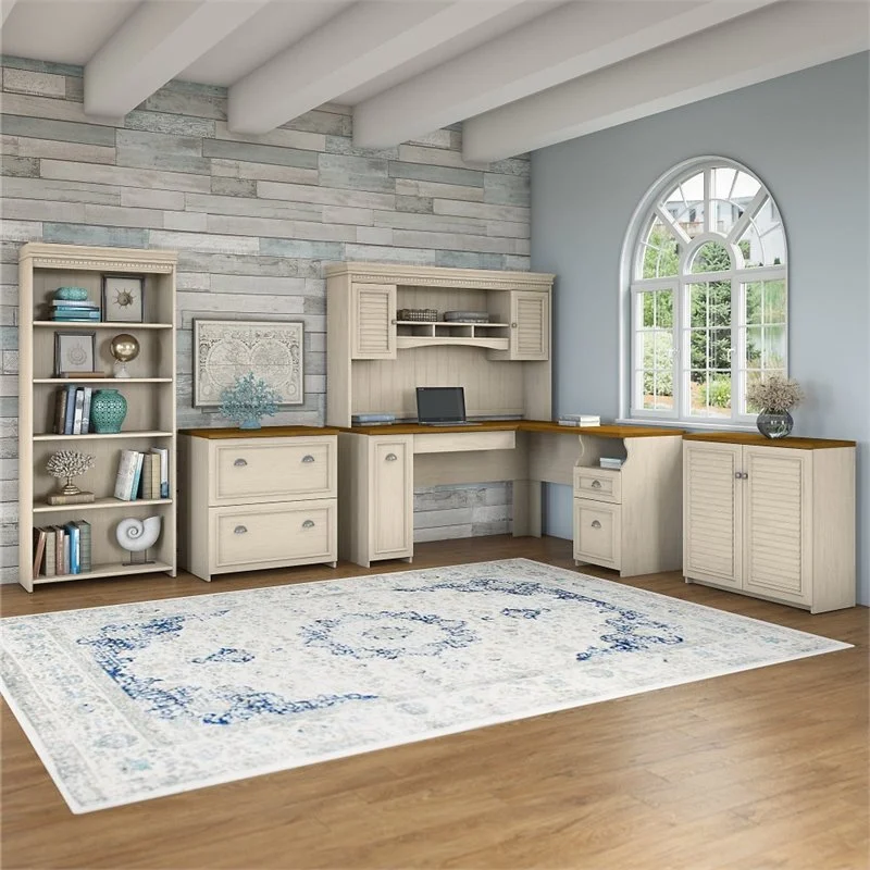 Pemberly Row Engineered Wood L Desk 5 Pc Office Set w/ Storage in Antique White