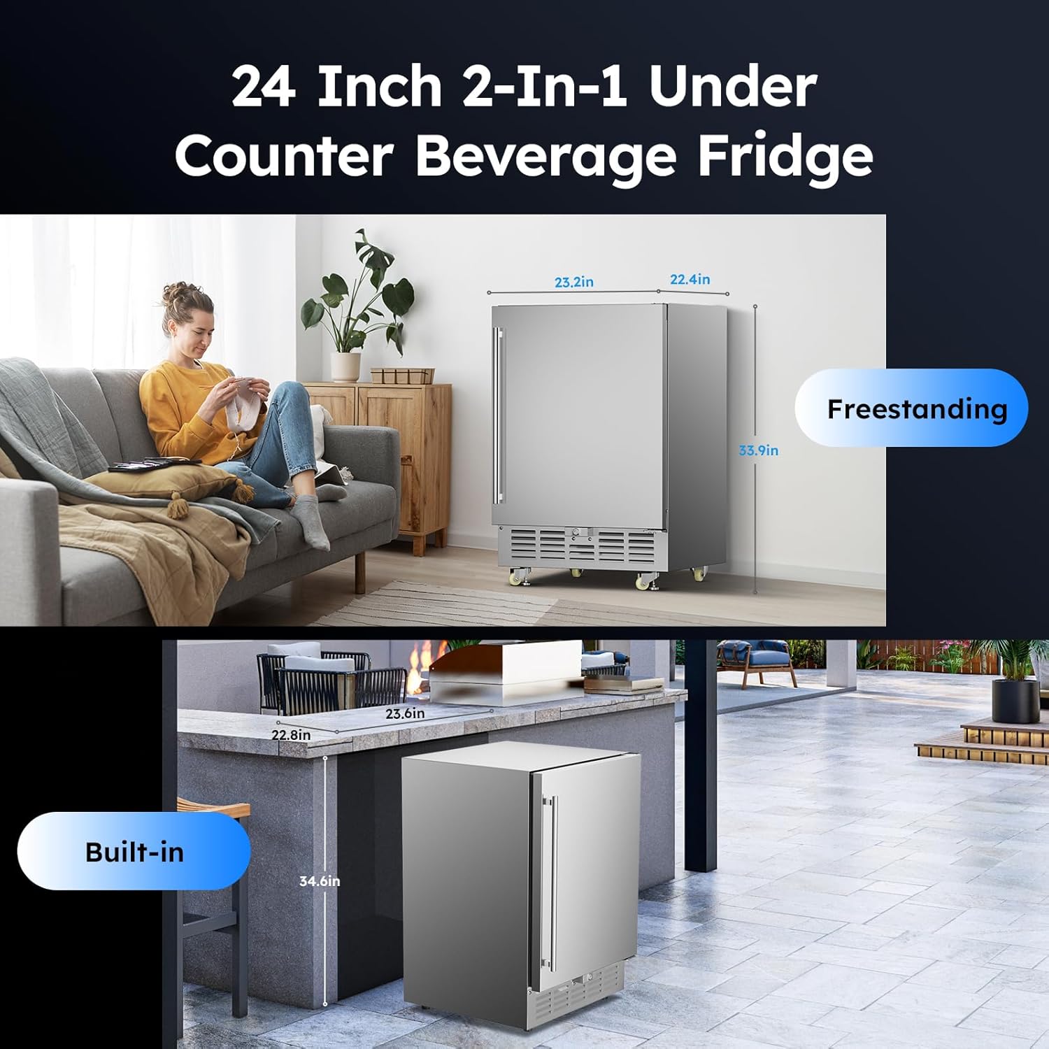24 Inch Outdoor Beverage Refrigerator, Stainless Steel Outdoor Beverage Fridge for Outdoor Kitchen and Patio, Built-in and Freestanding Beverage Cooler Beer Fridge with Safety Lock/Wheels, 190 Cans