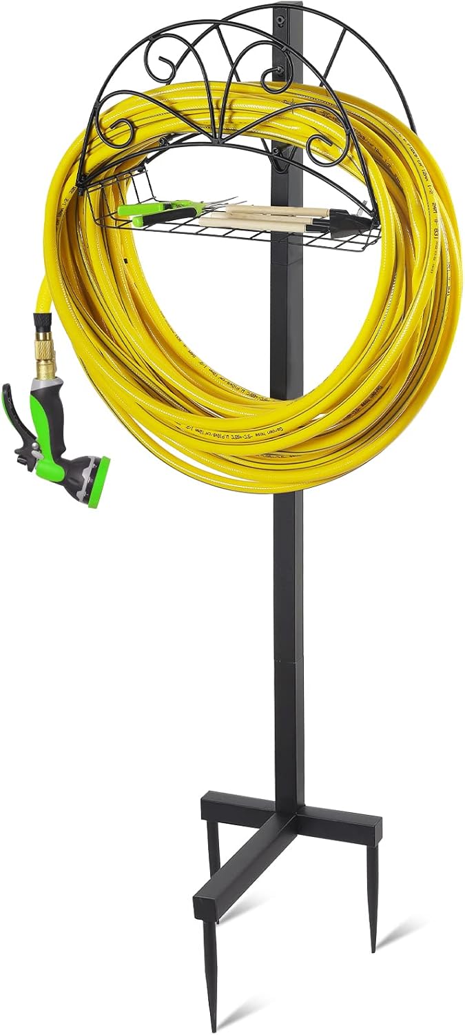 Gardguard Garden Hose Holder Freestanding - Water Hose Stand Hanger with Extra Basket and Large Capacity, Outdoor Detachable Heavy Duty Metal Hose Rack for Outside Garden, Yard, Lawn