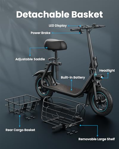 Gyroor Adults Electric Scooter with Large Middle Basket, 550W Motor 18.6 MPH 20 Mile Distance, Foldable E-Scooter with seat for Pets & Cargo