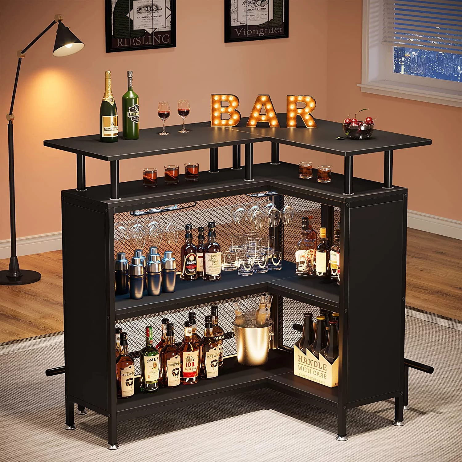 Tribesigns L-Shaped Home Bar Unit, Liquor Bar Table with 4 Stemware Racks and 2-Tier Shelves, Footrest for Home/Kitchen/Bar/Pub, Bar Table, Black