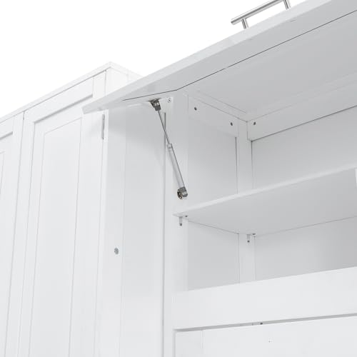 KLMM Wooden Murphy Bed Wall Bed with 2 Wardrobe and Storage Shelf,Foldable Platform Bedframe for Guest-Room Bedroom Study Office Use (White#E, Full)