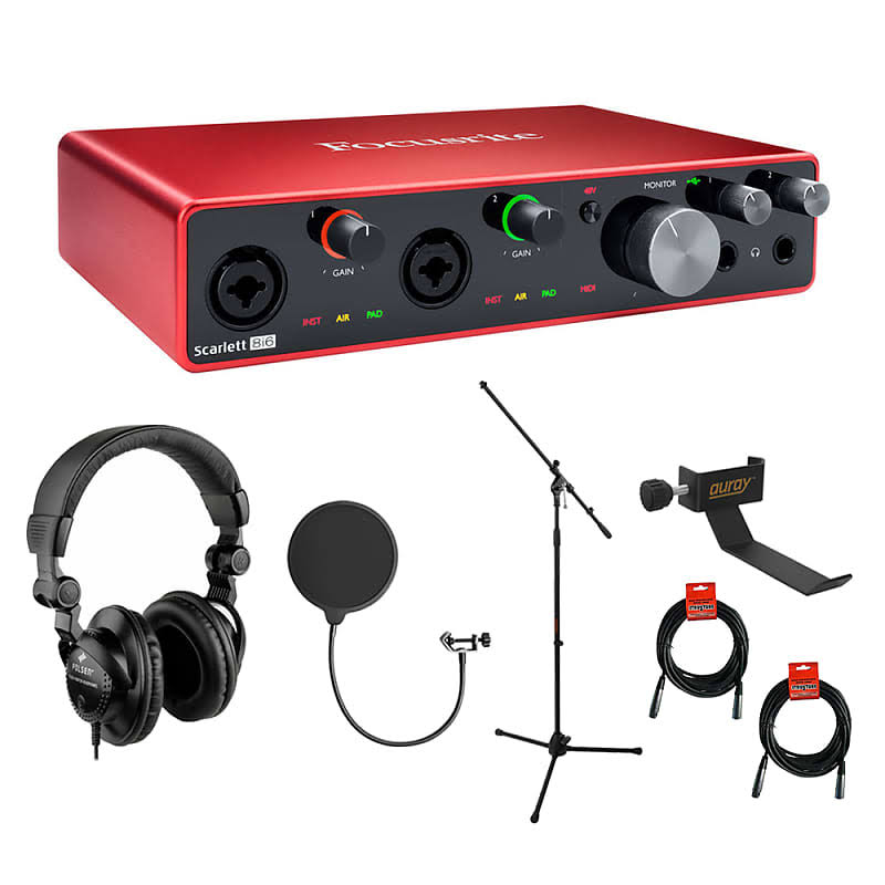 Focusrite Scarlett 8i6 USB Audio Interface (3rd Gen) with HPC-A30 Studio Headphones, Mic Stand, Headphone Holder, Pop Filter & X