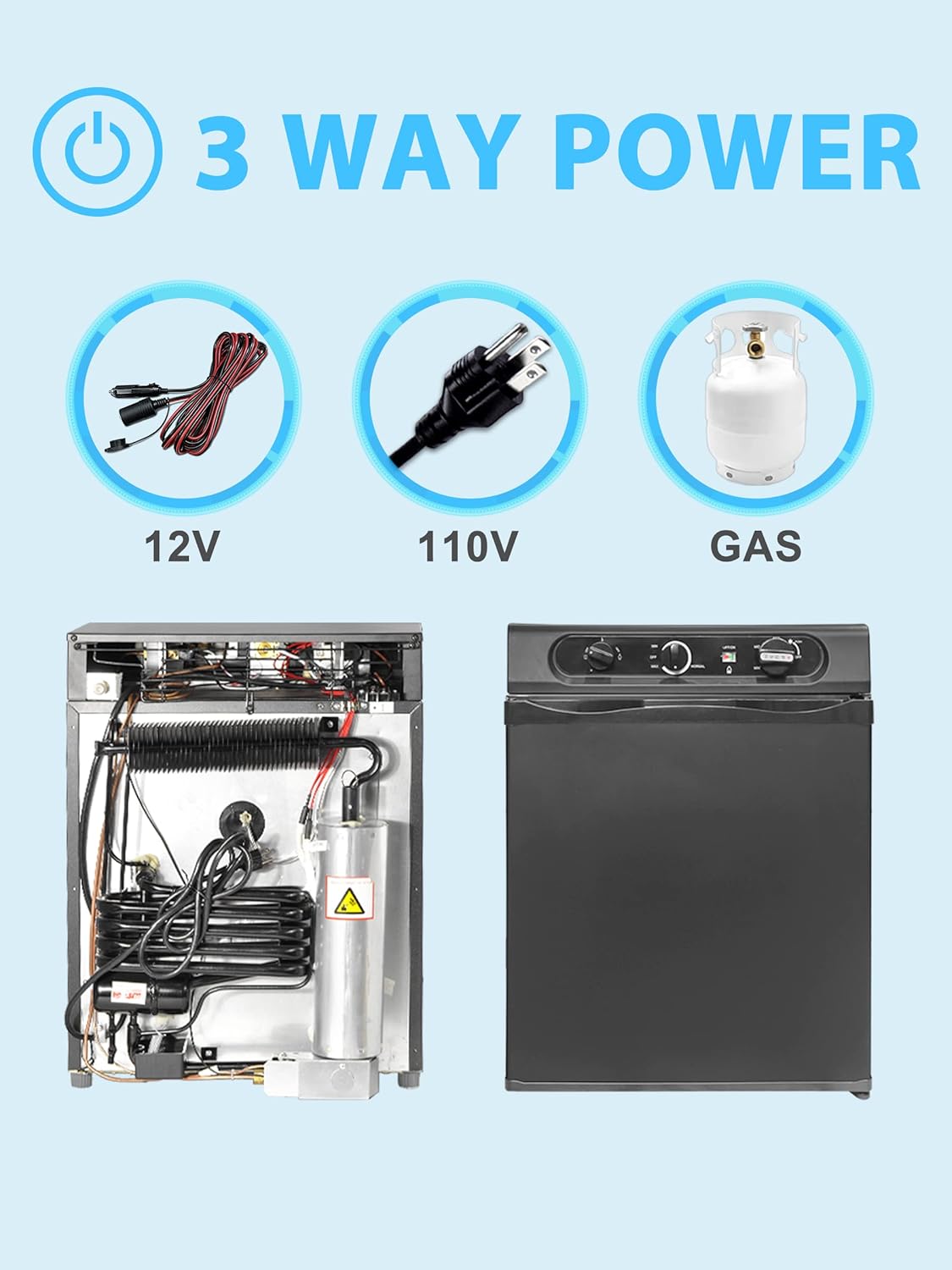 1.4 Cu.Ft Propane Refrigerator off Grid, Camper Fridge, 12 V/110V/LPG Compact RV Refrigerator, 3 Way Gas Refrigerators for Semi Truck, Camper Van, Garage, Black