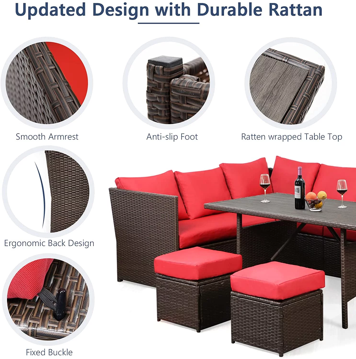 Danrelax 7 Pieces Patio Furniture Set Outdoor Sectional Sofa Conversation Set All Weather Brown Rattan Couch Dining Table &Ottomans, Red Cushions