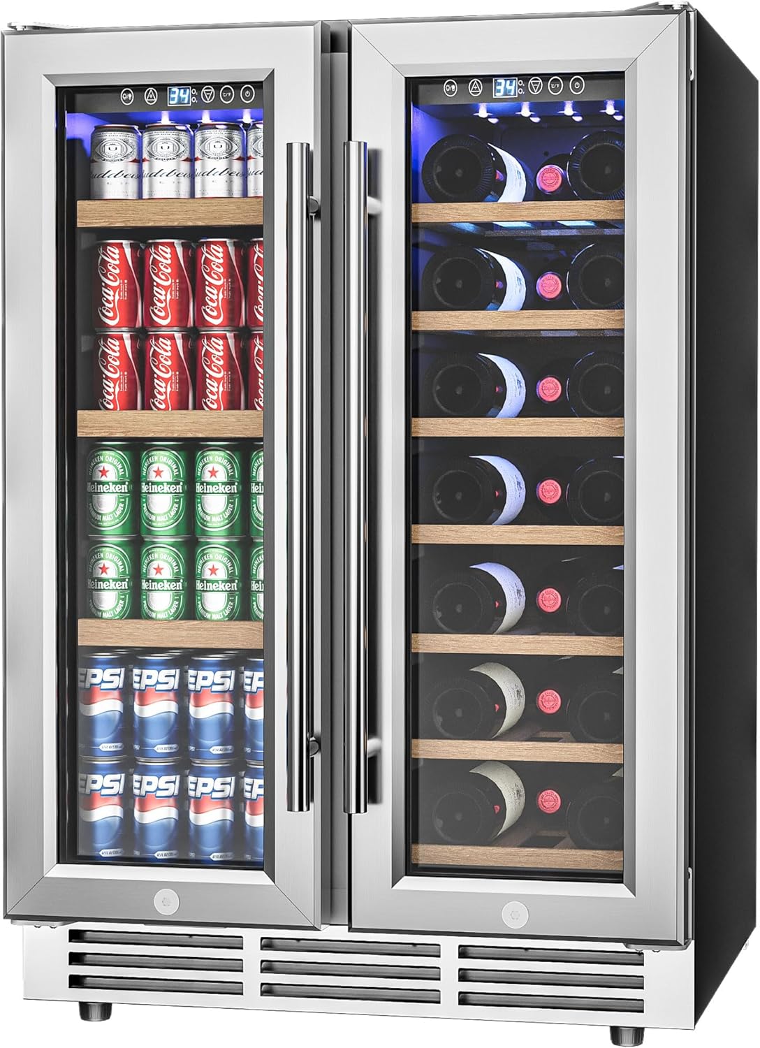 24" Wine and Beverage Refrigerator, Dual Zone Wine Cooler with Glass Door, Hold 88 Cans and 21 Bottles, Built in or Freestanding Under Counter Wine Fridge with Blue LED Light.