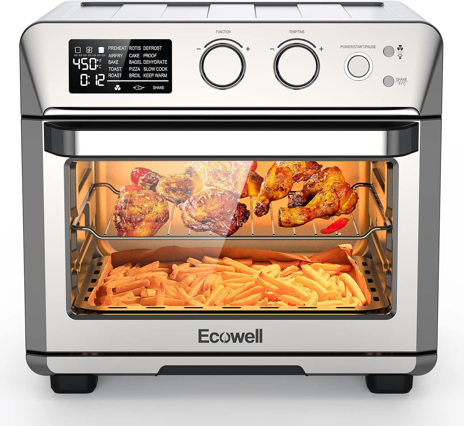 ECOWELL Air Fryer Toaster Oven Combo, 15-in-1 Airfryer Toaster Ovens Countertop, 26.4 QT Stainless Steel Air Fryers Convection Oven, for 360° Even & Healthy Cooking, Model: ECOKX01, Silver