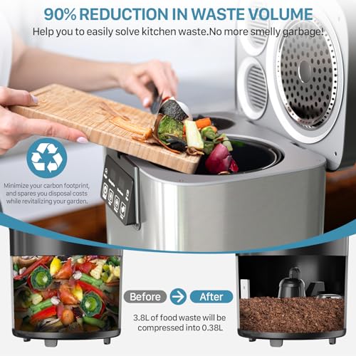 Electric Composter for Kitchen Indoor: 3.8L Large Capacity Odorless Composter Kitchen Counter, Smart Auto Garbage Disposal Home Compost Machine With Timer Display, Turn Waste to Pre-Compost for Plants
