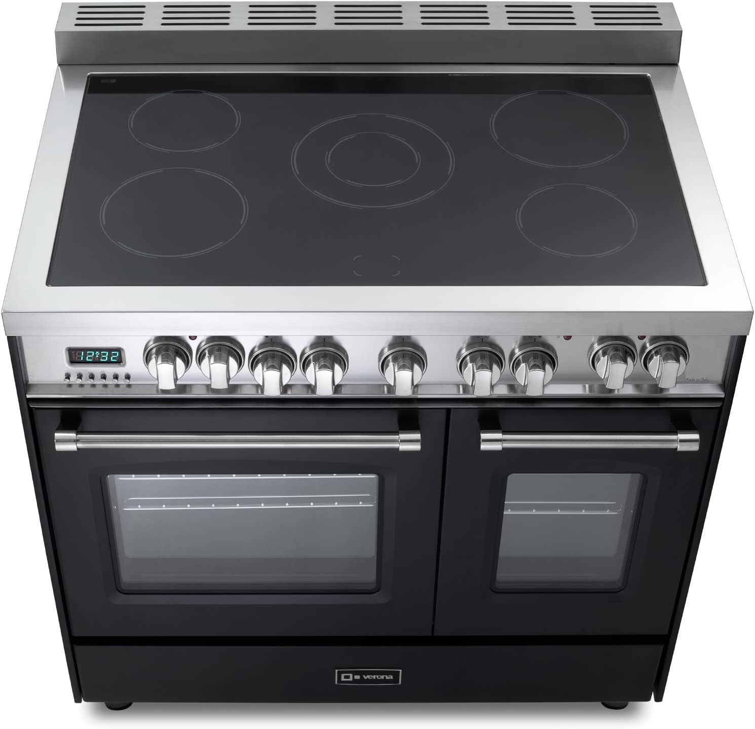 Verona Prestige Series VPFSEE365DE 36 Inch All Electric Freestanding Range Double Oven Convection, 5 Burners Dual Center Element Chrome Knobs and Handle Matte Black