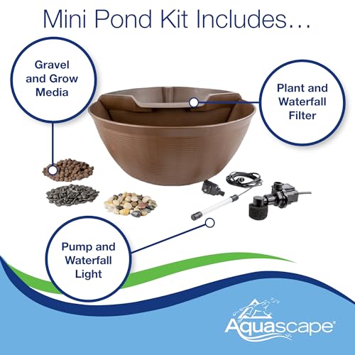 Aquascape AquaGarden Container Water Feature Kit – Indoor & Outdoor Mini Pond with Waterfall Fountain, Pump & Filtration for Home & Patio, Brown