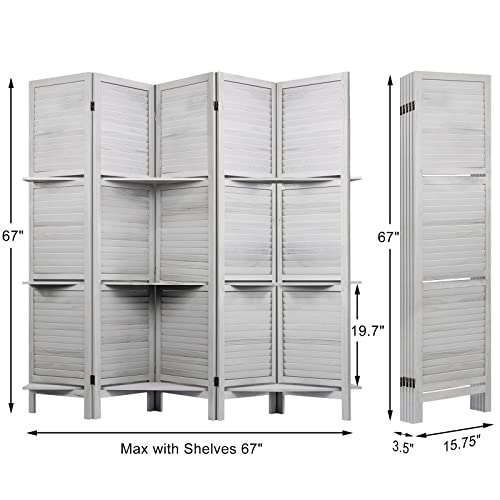 Room Divider with Shelves, Privacy Screen, Room Dividers and Folding Privacy Screens, 5 Panel Wood Temporary Wall Partition Separation Separator, Coconut