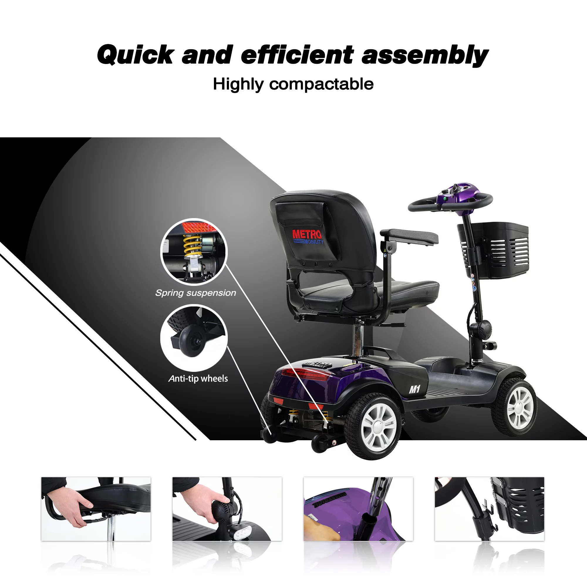Travel Mobility Scooter, Heavy Duty Electric Scooters with 4 Anti-Tip Wheels, Compact Lightweight Mobility Scooters for Senior Adults Elderly, Foldable Mobility Scooter, Holds 300lbs, Purple