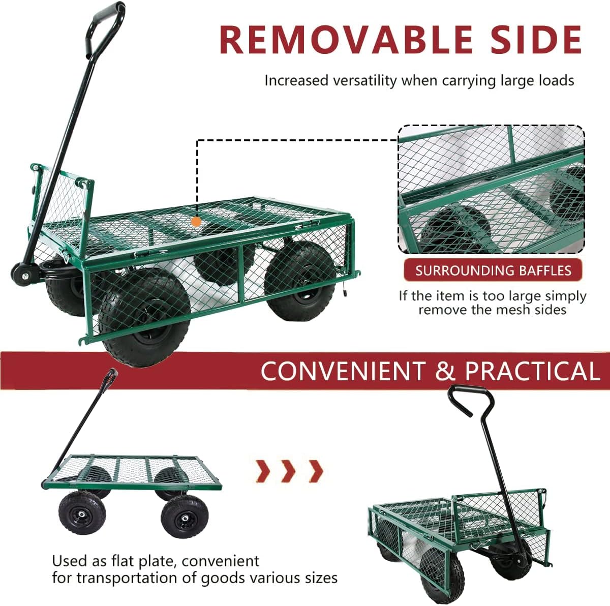 Fihuted Garden Cart Wagon Heavy Duty Mesh Steel, Utility Wagon Cart with Tire Pump , Yard Cart with Removable Sides , Green