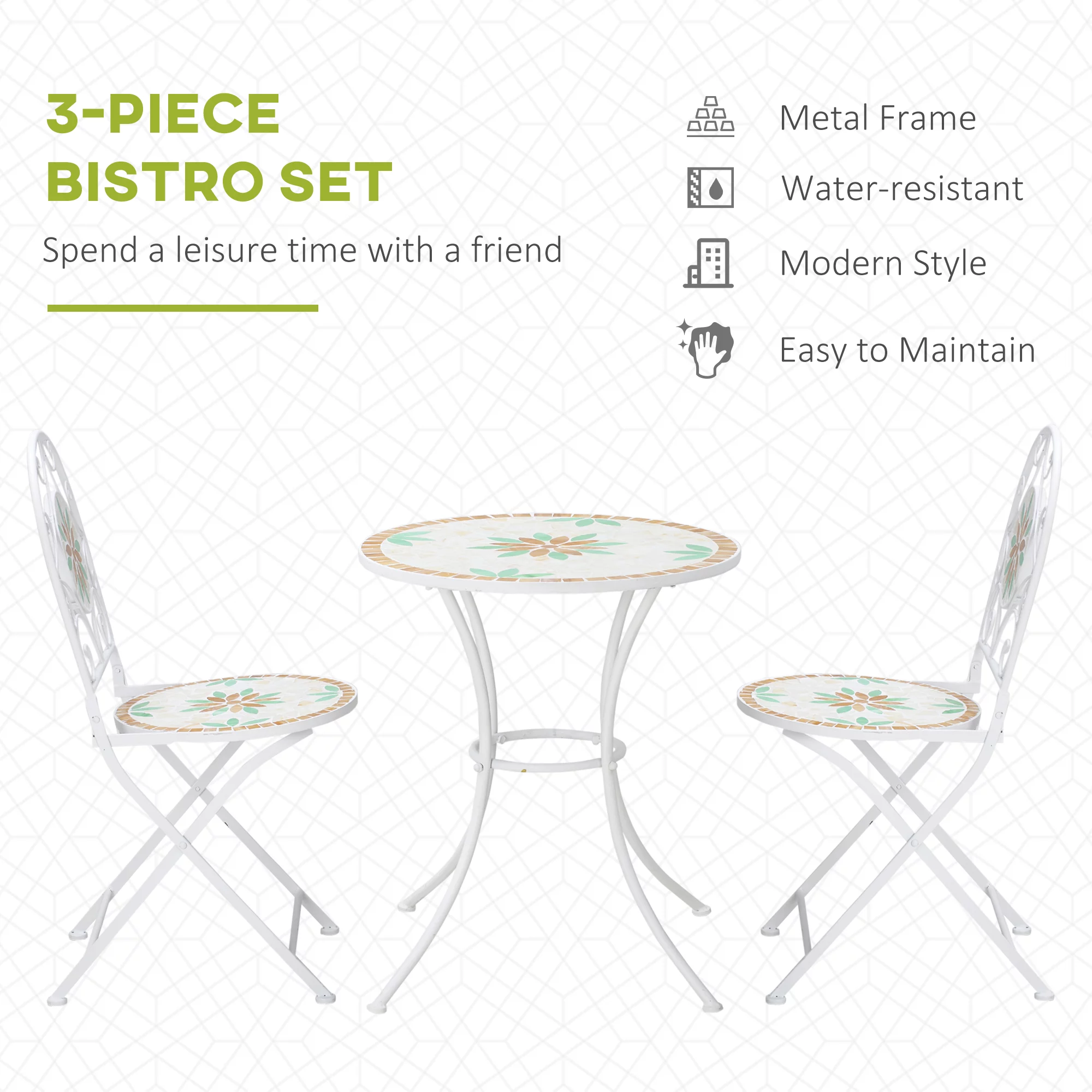 Outsunny Folding 3 Piece Bistro Set, Stone Table & Chairs, Flower Mosaic