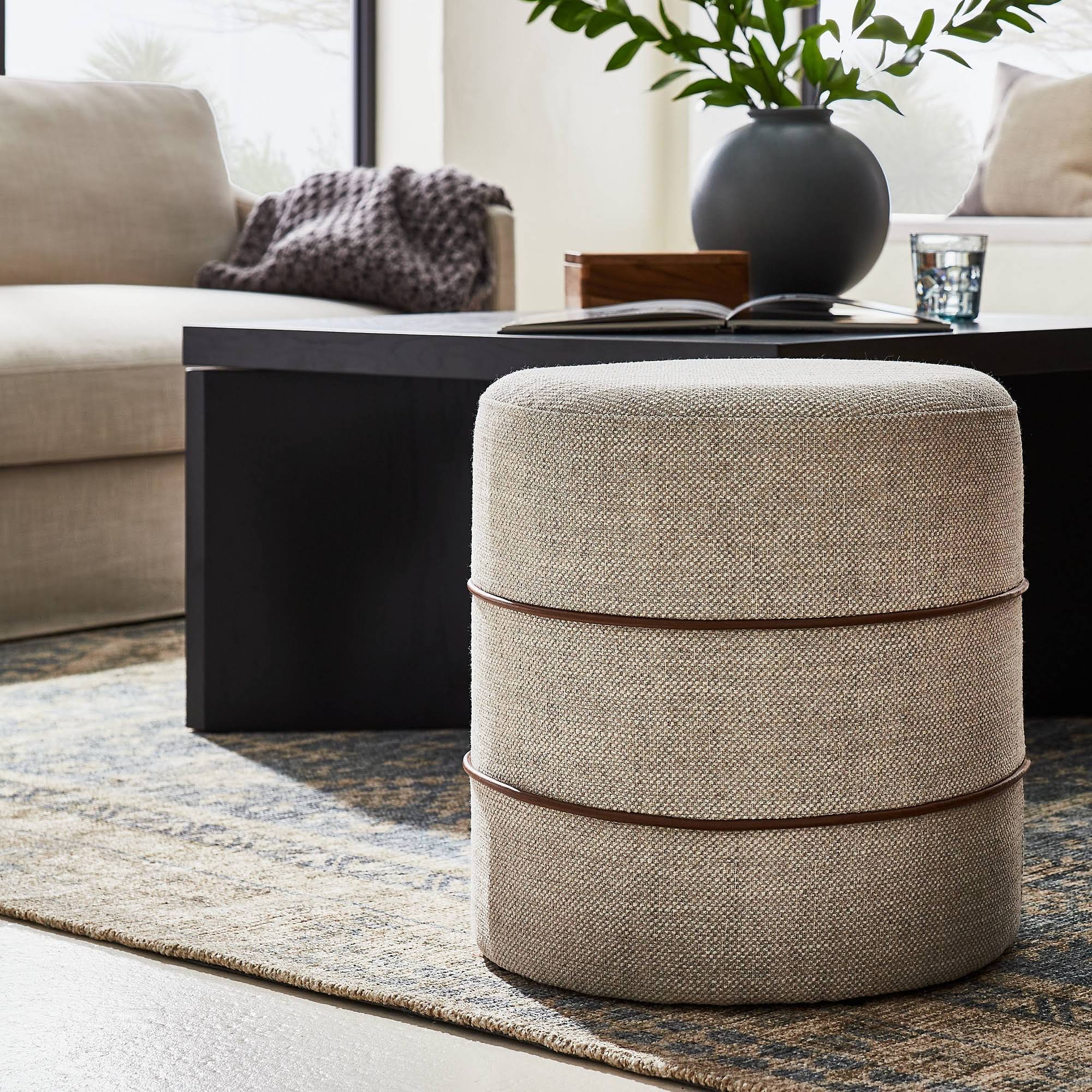 Catalina Round Ottoman Cream with Leather PIPING - Threshold Designed with Studio McGee