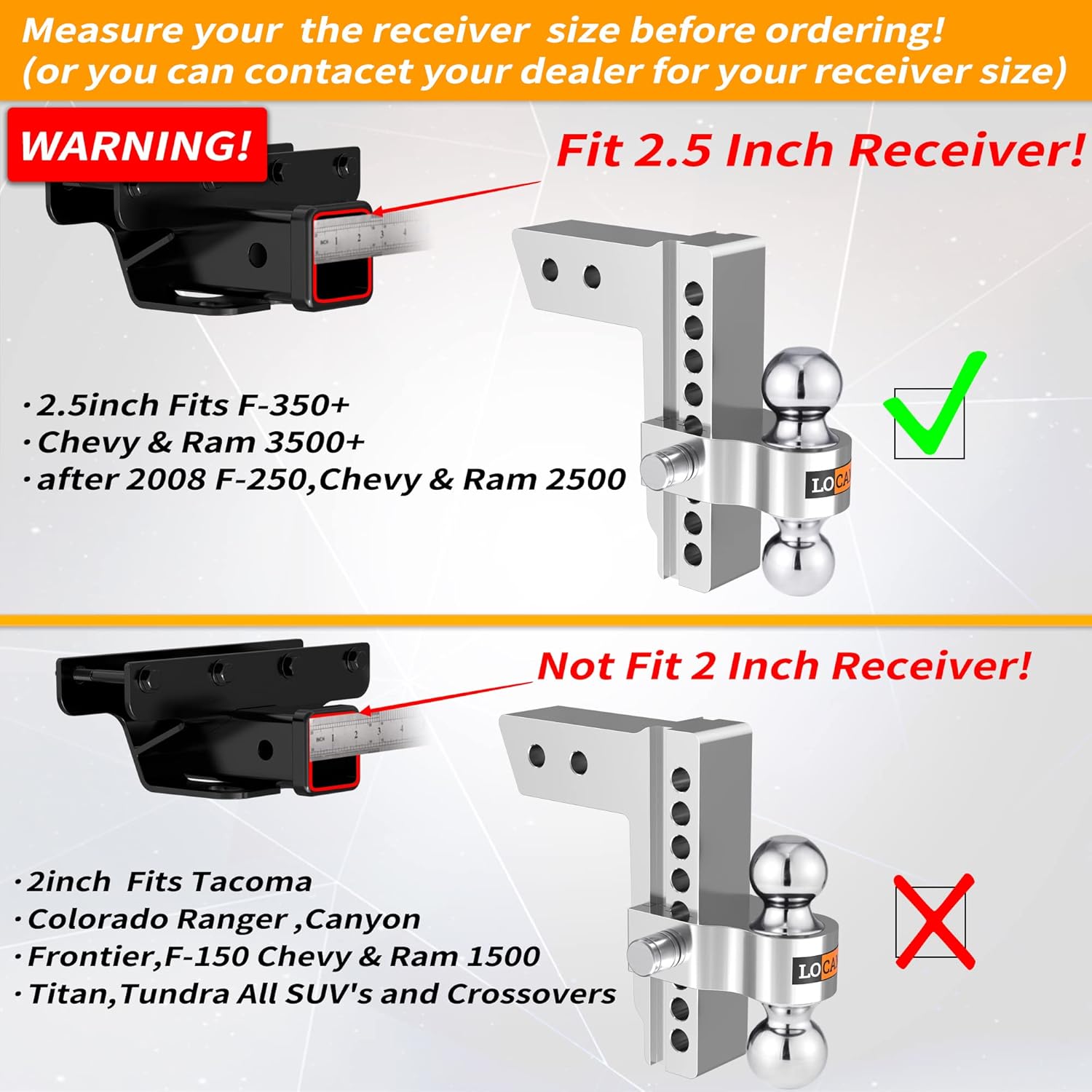 LOCAME Adjustable Trailer Hitch, Fits 2.5-Inch Receiver, 8-Inch Drop/Rise Aluminum Drop Hitch, 18,500 LBS GTW--Tow Hitch for Heavy Duty Truck with Double Stainless Steel Locks, Silver, LC0008