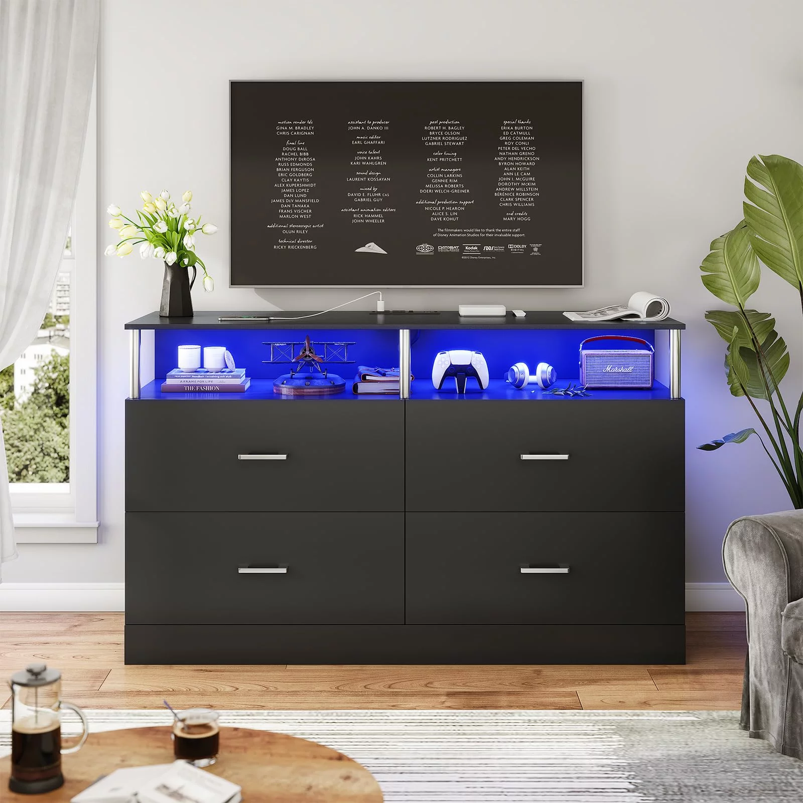 Mabor 4 Drawer Dresser for Bedroom with LED Lights&Charging Station, Modern Black Dresser Chest of Drawers for Living Room Closet