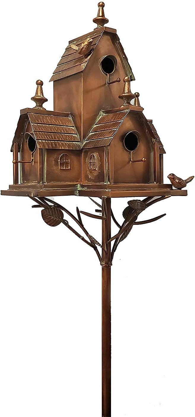Zaer Ltd. Large Copper Colored Multi-Birdhouse Stakes, Room for 4 Bird Families in Each (Castle Home)