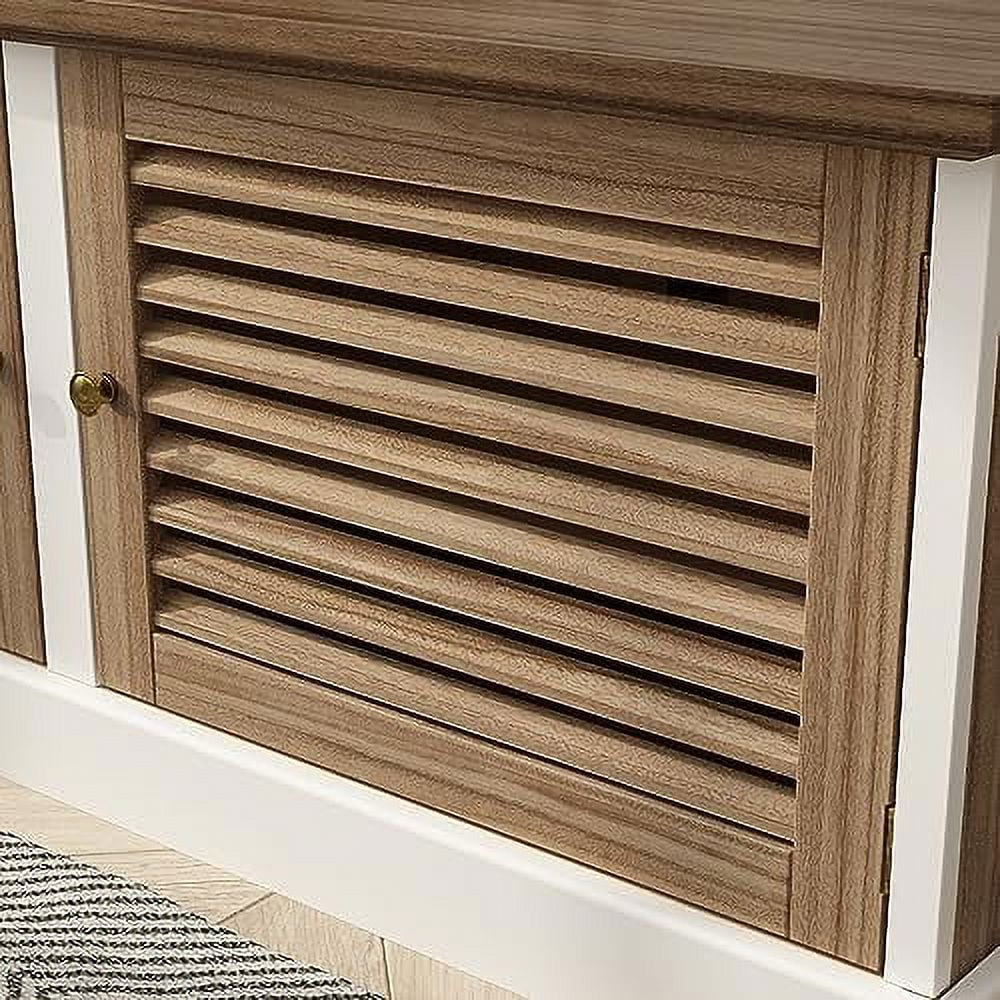 RUNFAYBIU 43.3"  Bench with Louver Doors  Entryway Shoe Bench with  Shelves ; Spacious Seat for Hallway  Mudroom ; Living Room  Brown and White