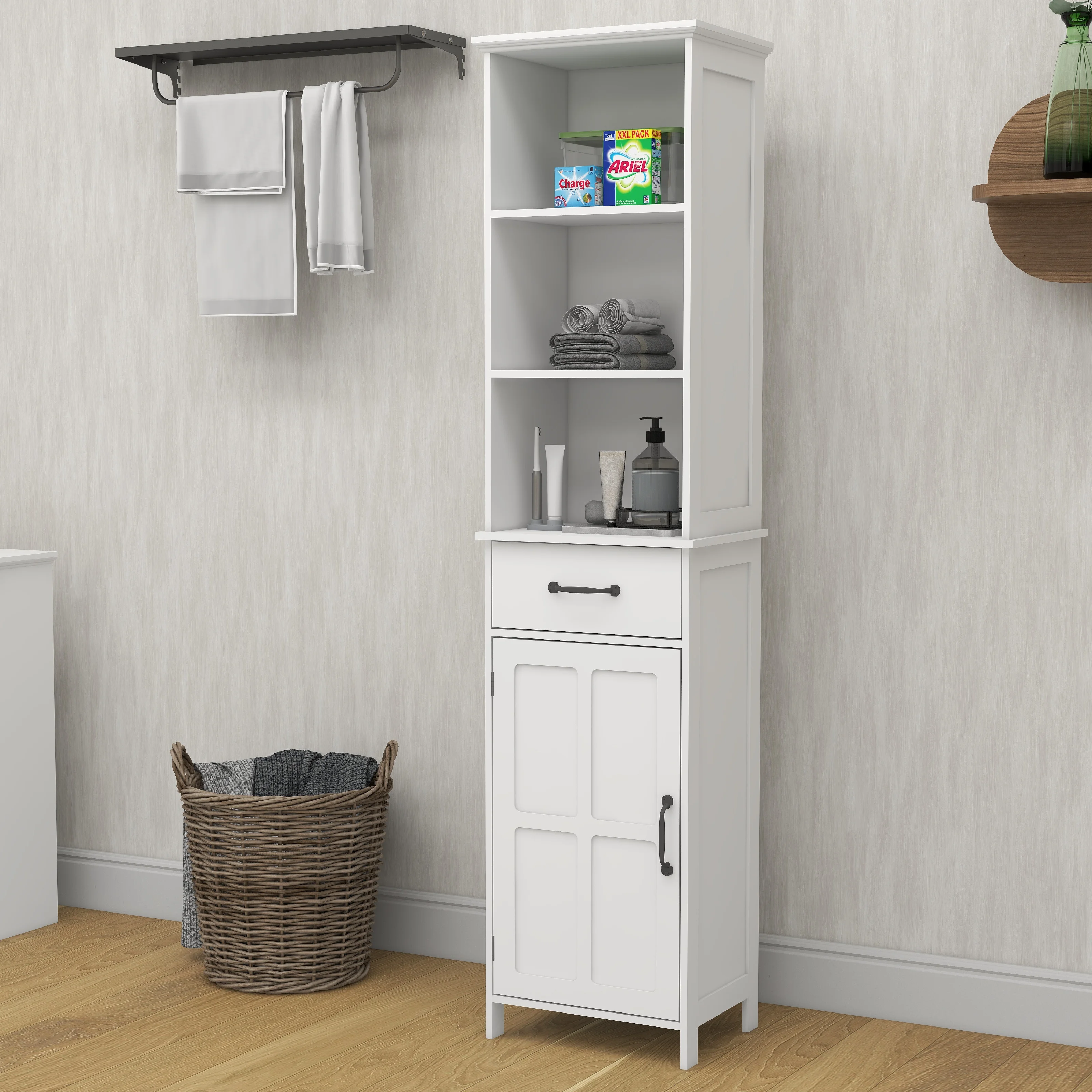 Tall Narrow Storage Cabinet, Bathroom Slim Floor Freestanding Cabinet with One Door for Bathroom, Bedroom and Living Room, White