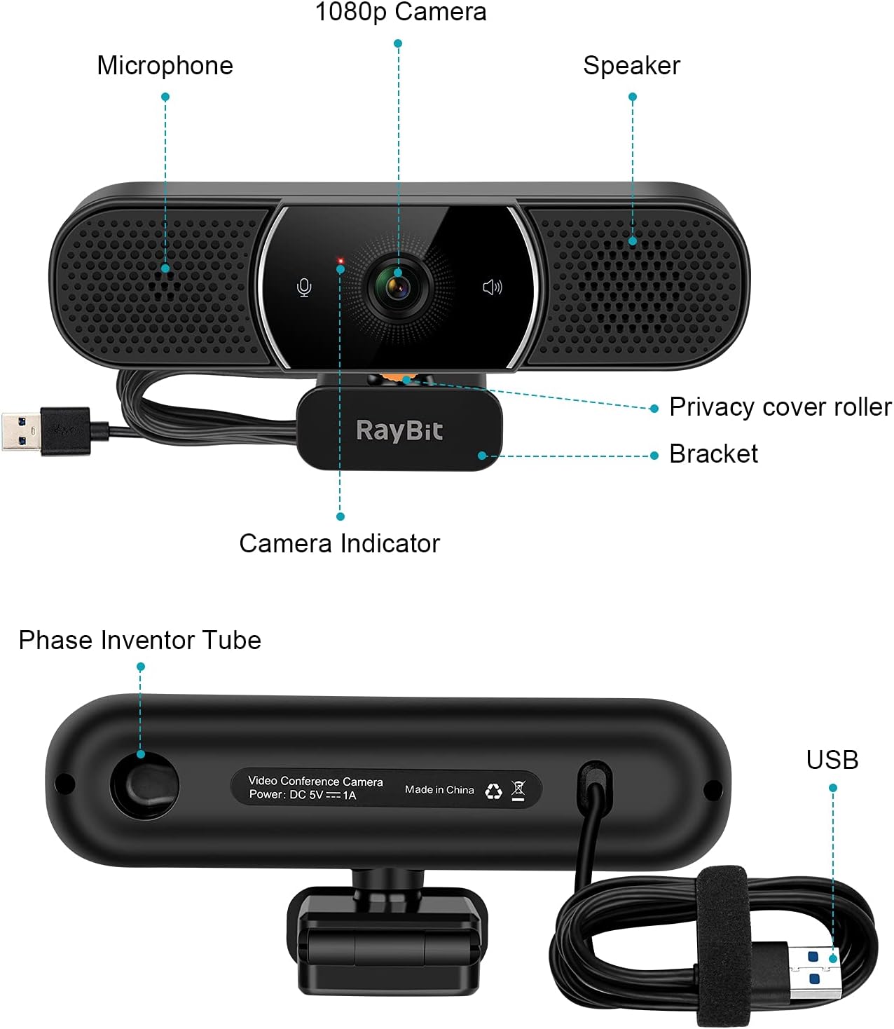 3 in 1 Webcam - Webcam with Microphone and Speaker, Professional Hi-Fi Speakers & Noise Reduction Mic Arrays, Built-in Privacy Cover & w/Light Correction & Autofocus Conference Computer Camera Pack of 2