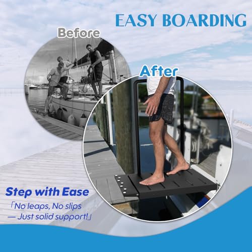 Boat Boarding Platform, Metal Dock Extension with Safety Handrail, Powder-Coated Dock Boarding Step for Easy Access to Boats, Black Dock Boarding Platform Features a 500Lb Capacity