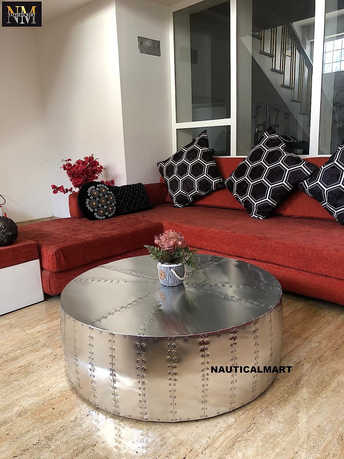 NauticalMart Aluminum Drum Shaped Coffee Table Hammered Coffee Table Aviator Living Room Furniture - Office Decor & Office Furniture (30 Inches)