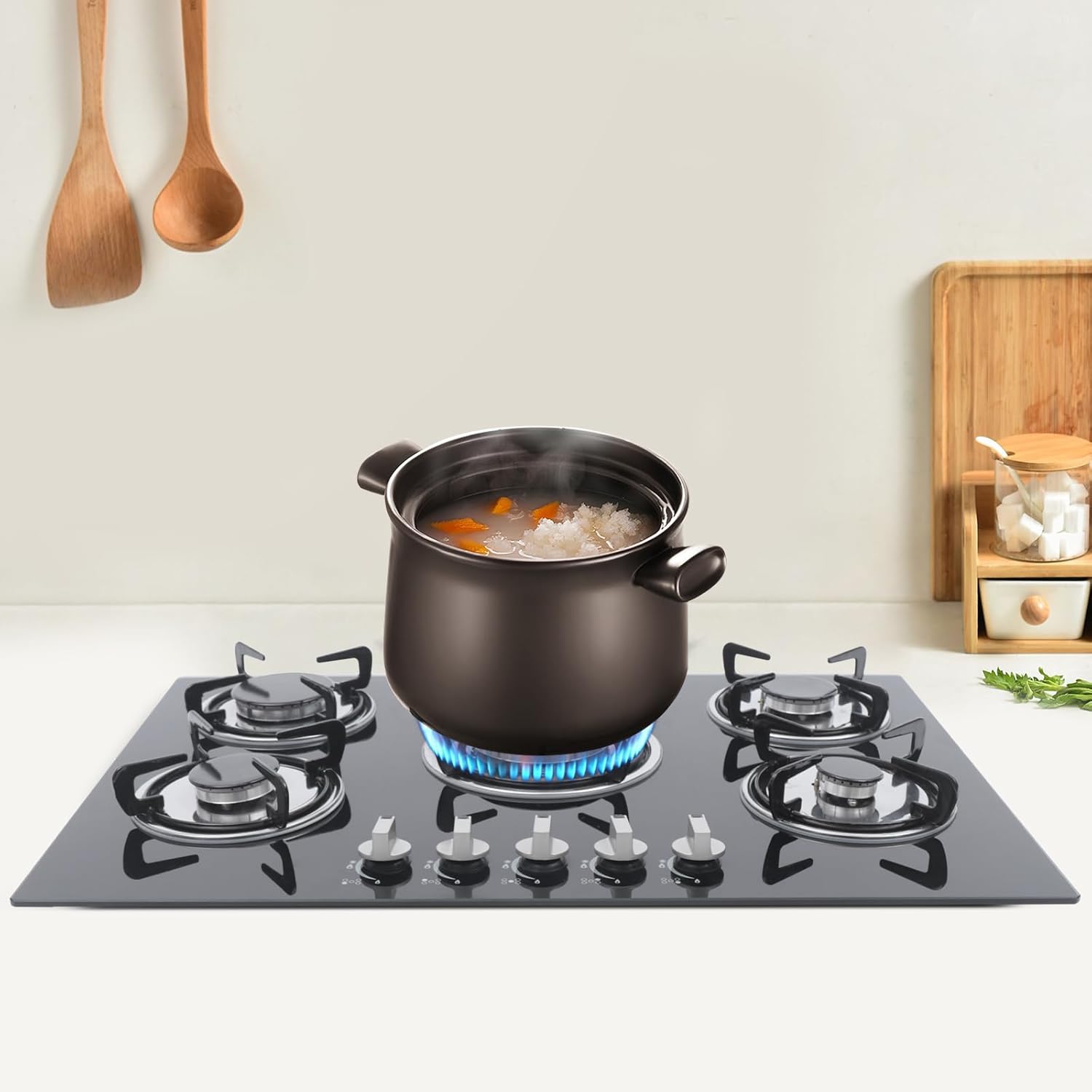 30 Inch Gas Cooktop, 5 Burners Gas Stovetop Cooktop Tempered Glass Built-in LPG/NG Convertible Gas Hobs Cooker for HomeKitchen, Restaurant