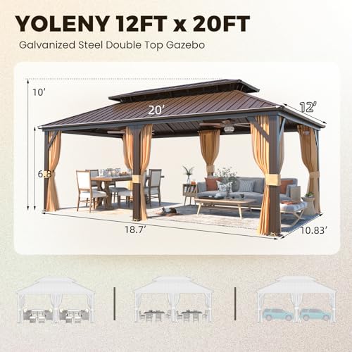 YOLENY 10' x 12' Hardtop Gazebo, Wood-Looking Gazebo with Galvanized Steel Double Roof, Aluminum Frame, Permanent Metal Pavilion with Netting and Curtains for Deck, Backyard, Patio and Lawns