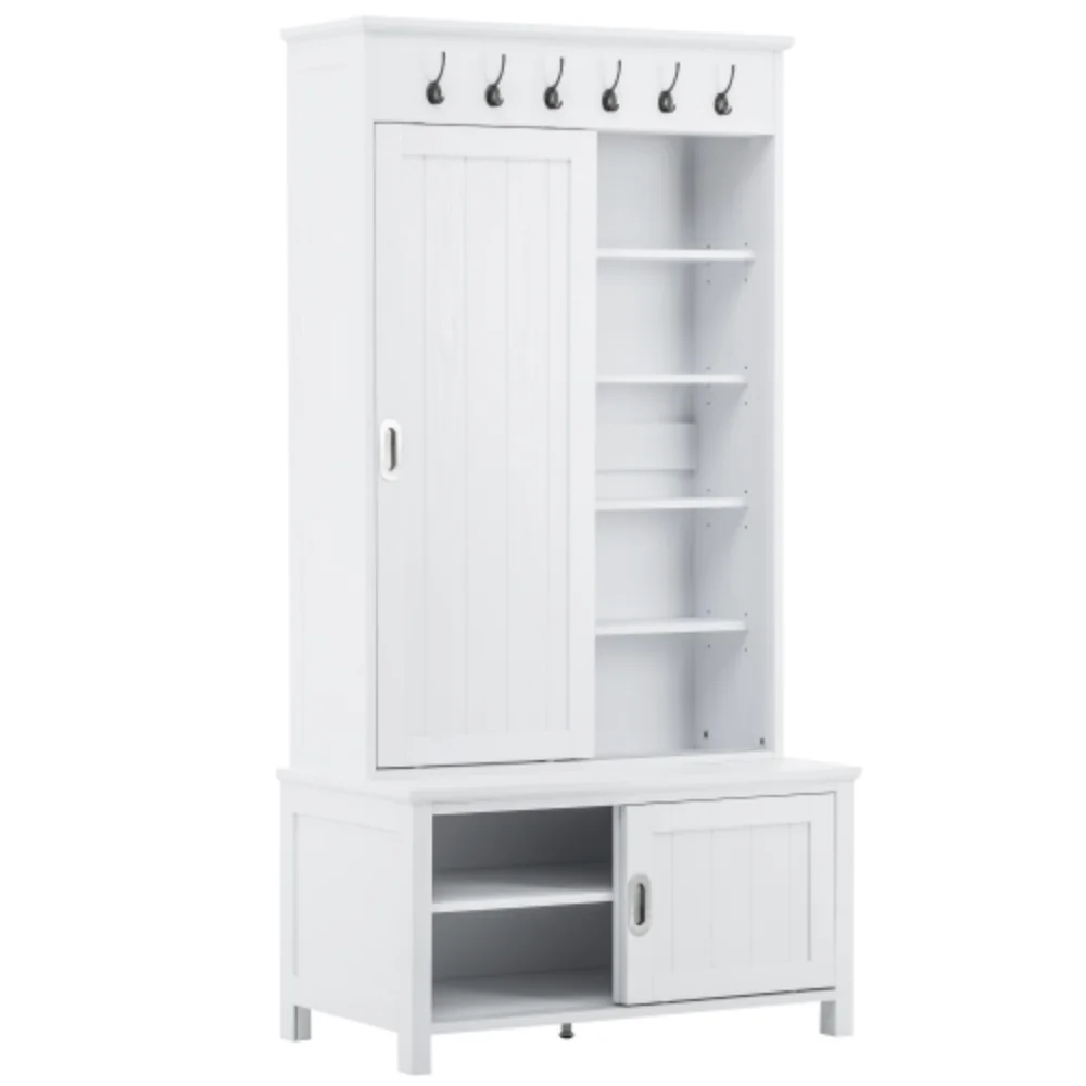 Multifunctional Hall Tree with Sliding Doors, Wooden Hallway Shoe Cabinet with Storage Bench and Shelves, Mudroom Coat Storage with Hanging Hooks for Entryways, White