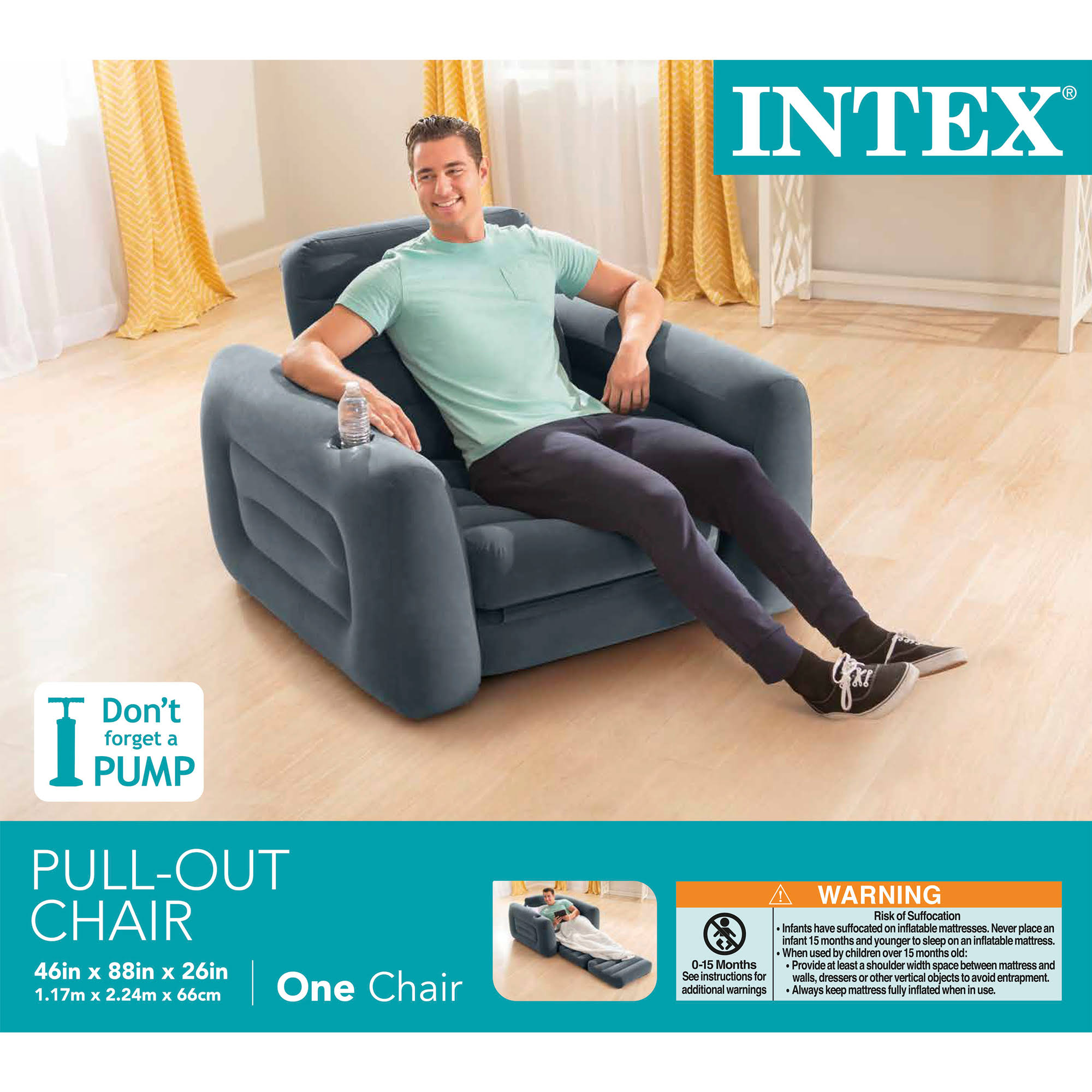 Intex Inflatable Pull Out Sofa Chair Sleeper w/ Twin Sized Air Mattress (3 Pack) 1 Unit