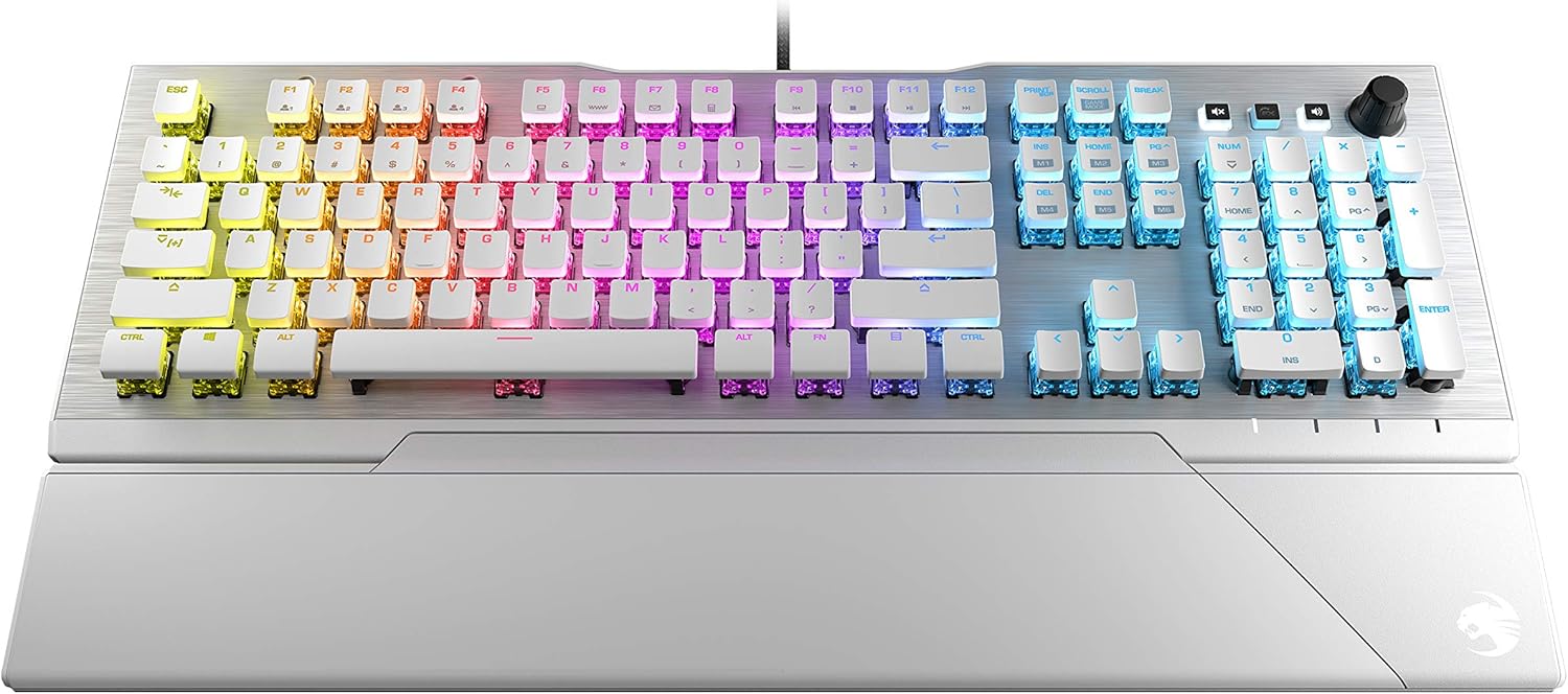 ROCCAT Vulcan 122 Mechanical PC Tactile Gaming Keyboard, Titan Switch, AIMO RGB Backlit Lighting Per Key, Detachable Palm/Wrist Rest, Anodized Aluminum Top Plate, Full Size, White/Silver