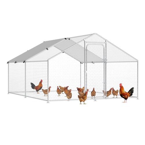Large Metal Chicken Coop, Chicken Run Poultry Cage Hen with Water-Resident and Anti-UV Cover for Duck Rabbit House Outdoor Walk-in Chicken Pen for Yard, Dome Roof(10’ W x 19.7’ L x 6.4’ H)