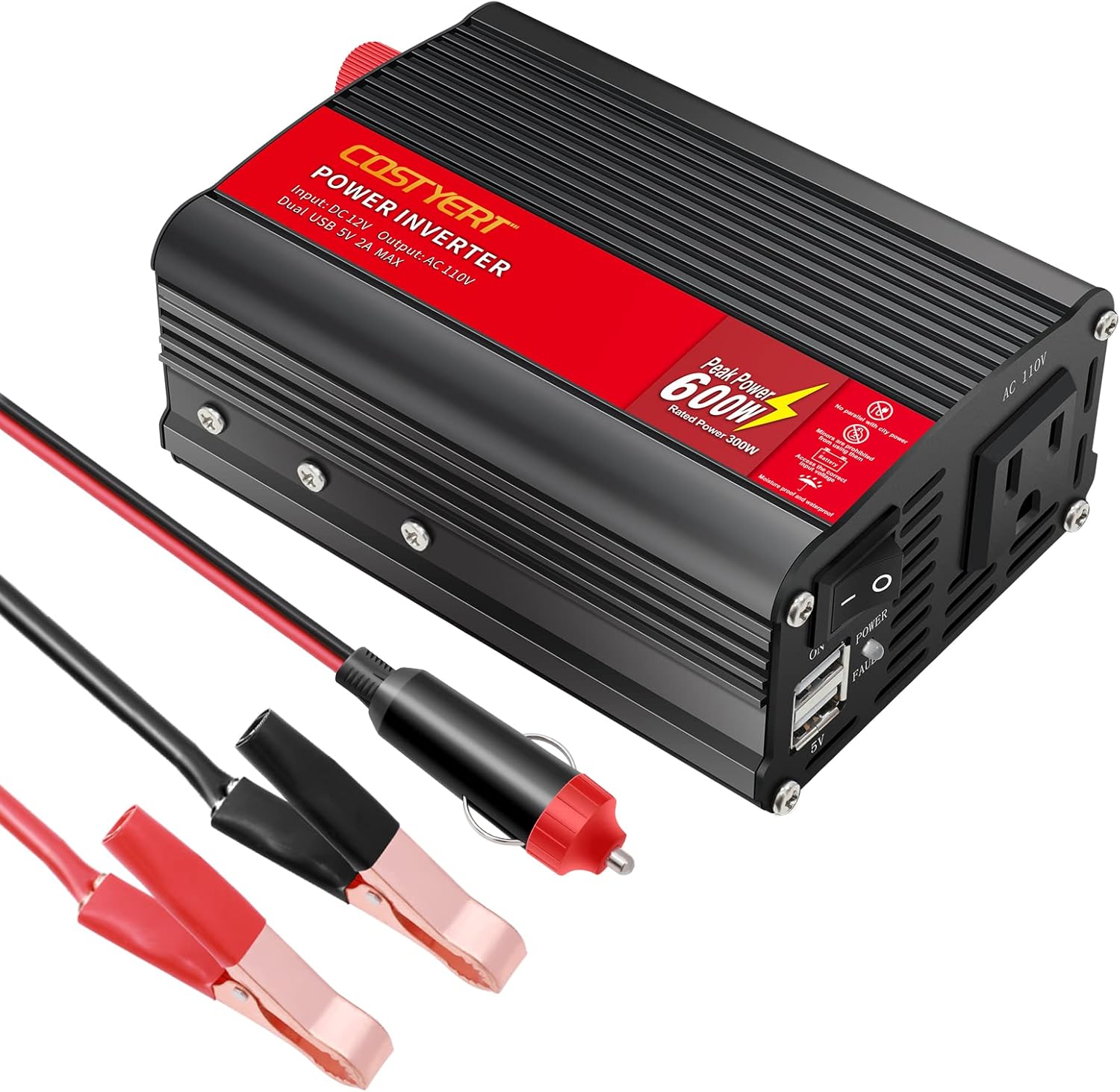 COSTYERT 500W Power Inverter DC 12V to 110V AC Car Inverter with Alligator Battery Clamp, LCD Display, Dual AC Outlets & 2.0A USB Ports Charger, Red