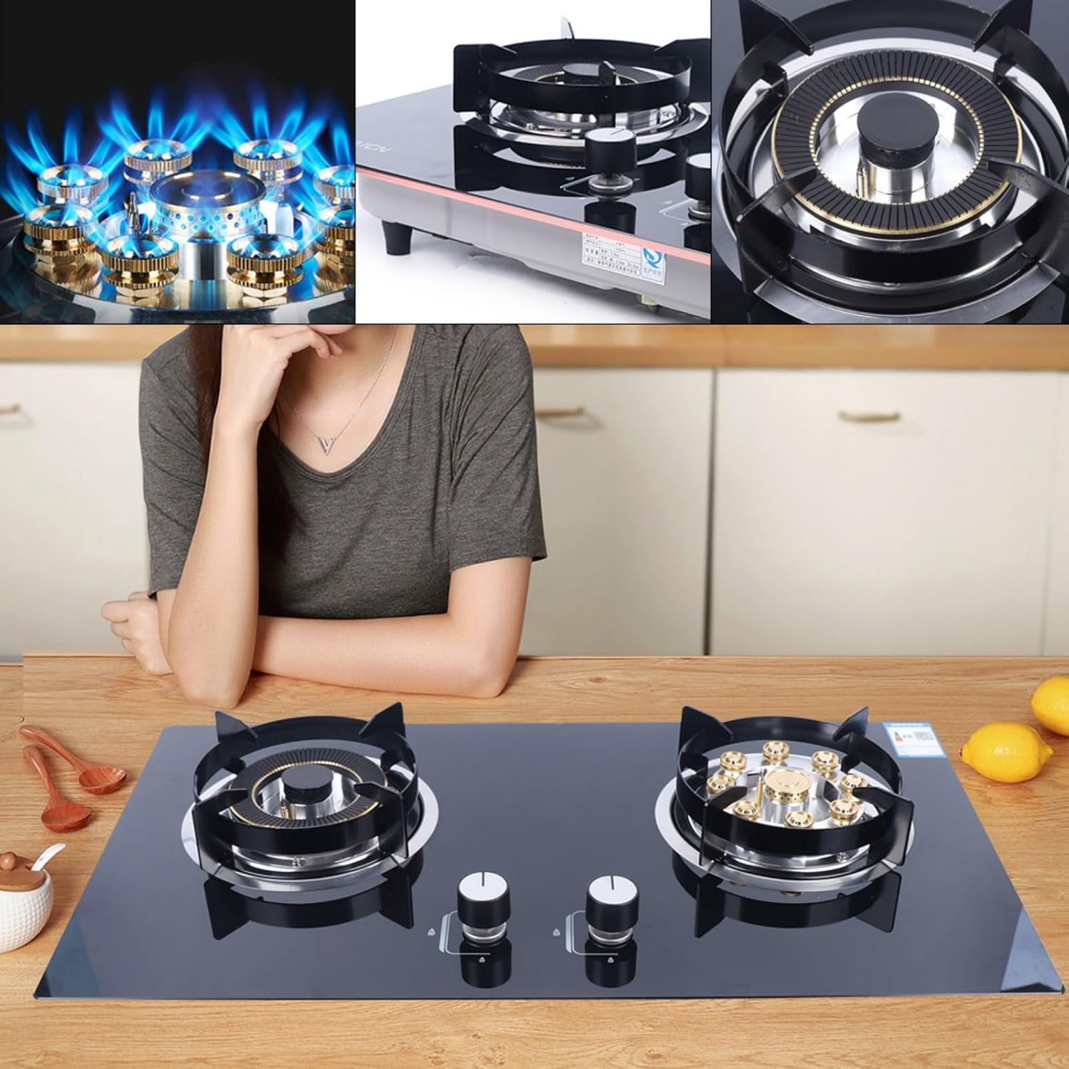 Gas Cooktop Stove Top 2-Burner Built-in Natural Gas Cooker Gas Stove 730x410mm, Camping Double Burner LPG for RV, Apartments, Outdoor Kitchen and BBQ Island Easy to Clean