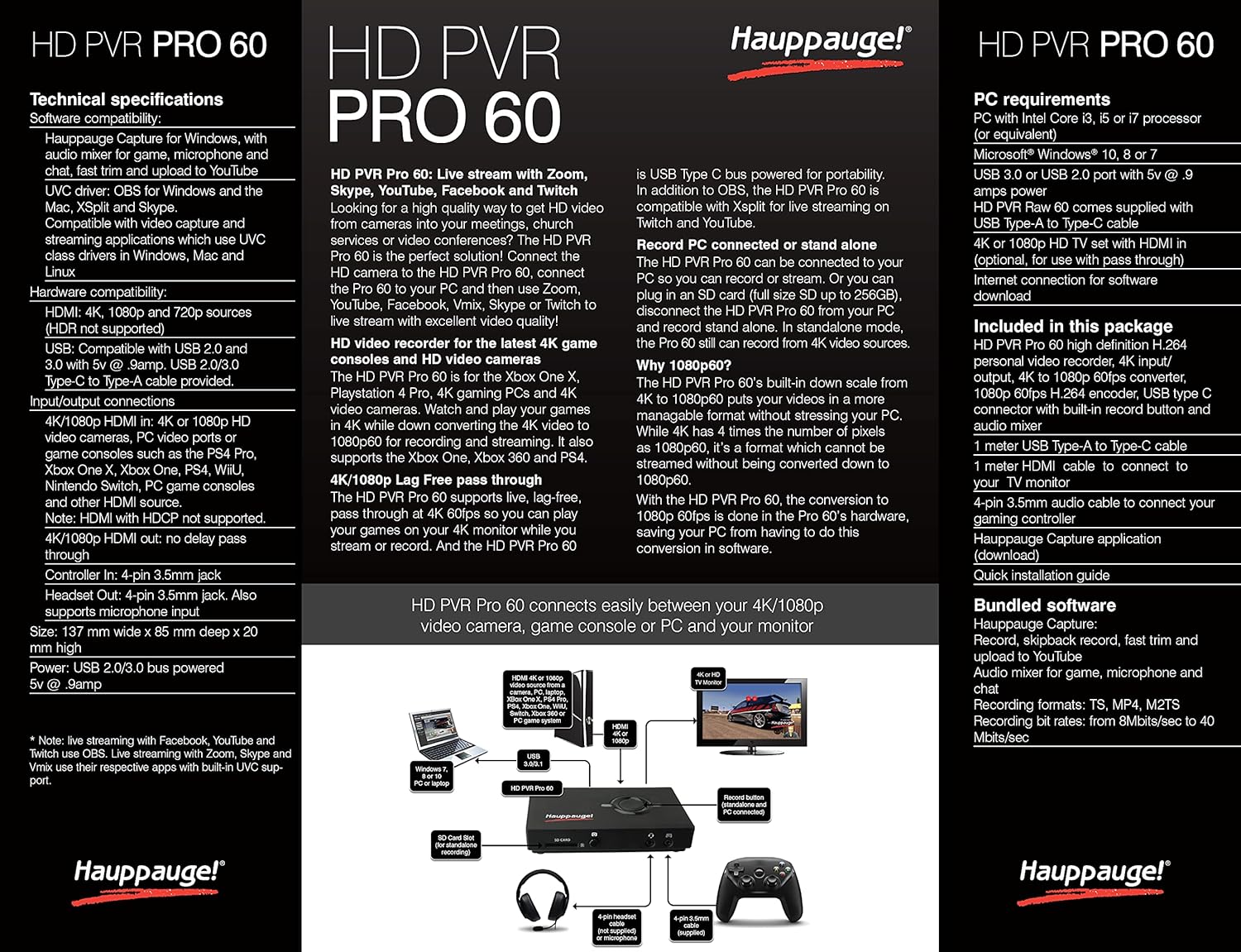HAUPPAUGE HD PVR Pro 60 HD 4K in/Out 1080P 60fps Capture and Streaming PC Connected and Stand Alone for Zoom Skype YouTube Live and Twitch 1684