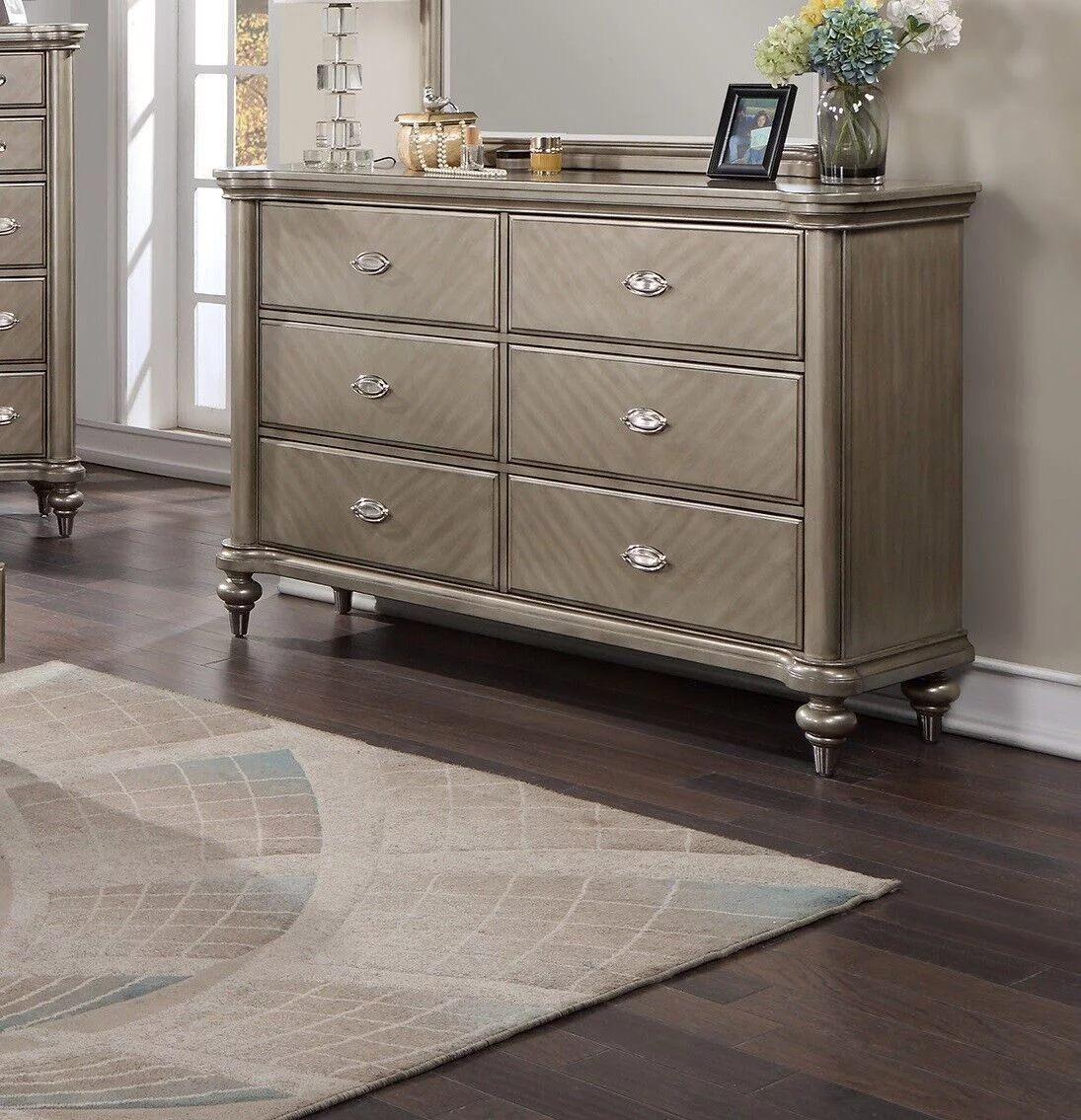 Bedroom Furniture 6pc Set Est King Size Bed w Storage Drawers FB Dresser Mirror Nightstands Chest Grey Wooden Classic HB FB
