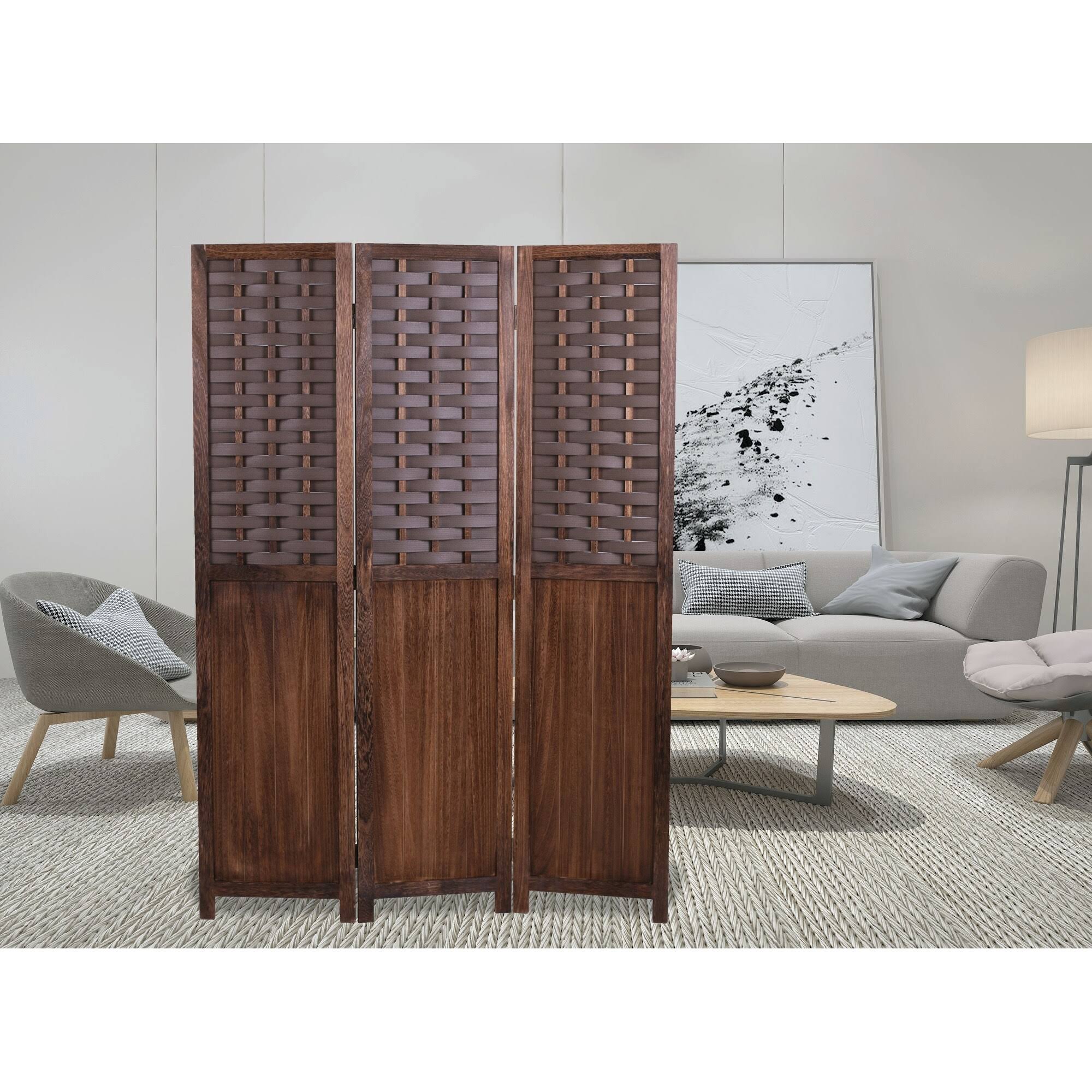COZAYH 3 Panel 67” Paulownia Wood Screen Room Divider, Folding Room Partitions, Freestanding Privacy Screen w/Hand-Woven Polymer