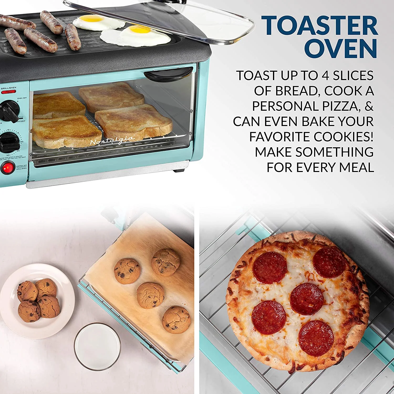 NOSTALGIA BSET300AQ Retro 3-in-1 Family Size Breakfast Station, Coffeemaker, Toaster Oven, Griddle, Aqua