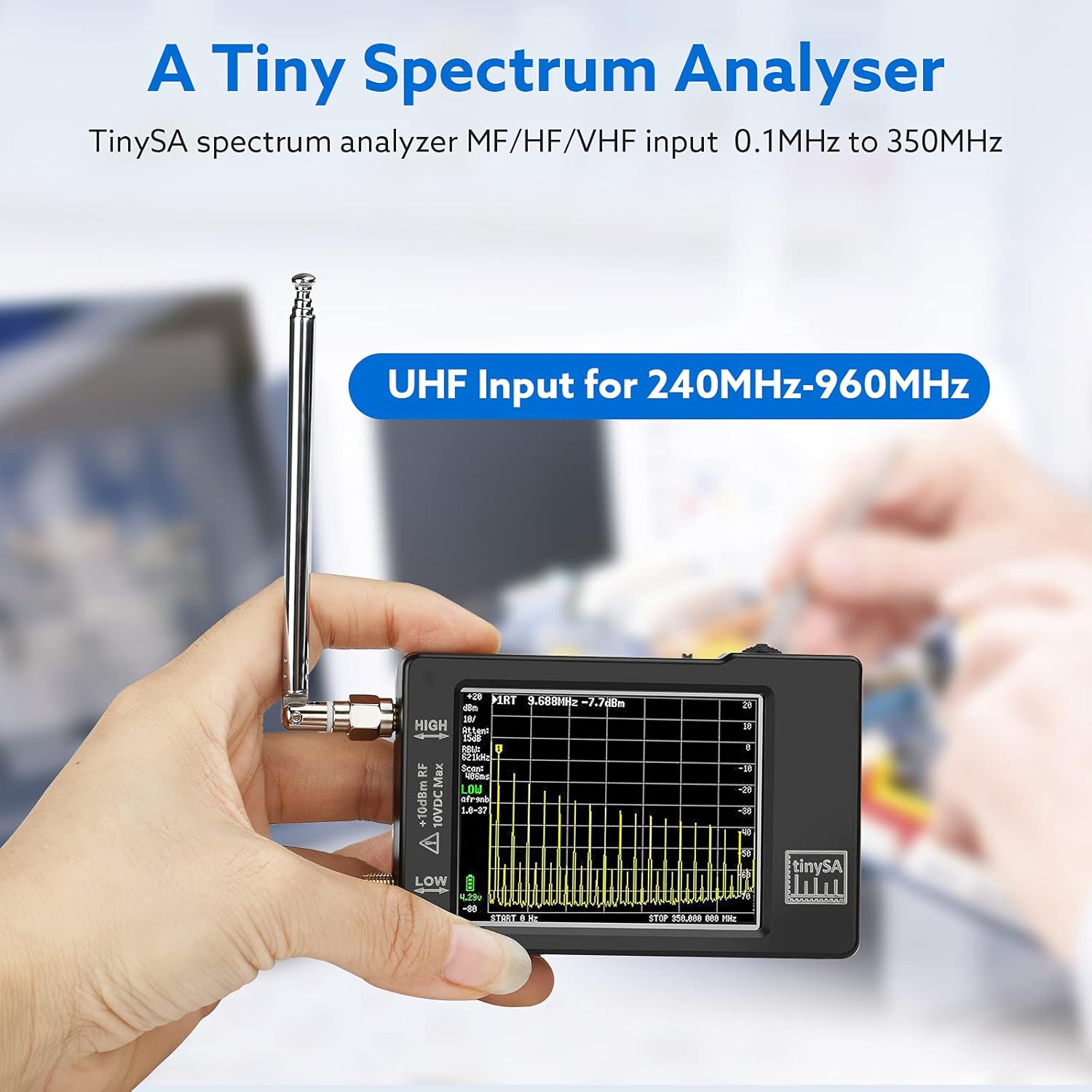 Portable TinySA Spectrum Analyzer, SEESII Upgraded V0.3.1 Tiny Frequency Analyzer with Antenna SMA Male to UHF Female Cables, 100kHz to 960MHz MF/HF/VHF UHF Input, 2.8'' Touchscreen Signal Generator