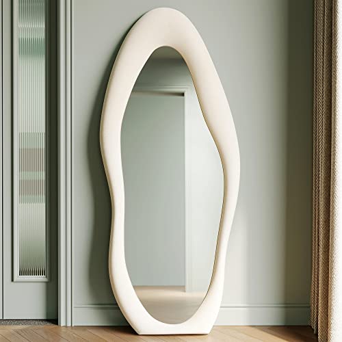 Honyee Full Length Mirror, 63" x 24" Wall Mirror, Flannel Wrapped Wooden Frame Floor Mirror, Irregular Wavy Mirror Hanging or Leaning Against Wall for Cloakroom/Bedroom/Living Room, Milk Tea