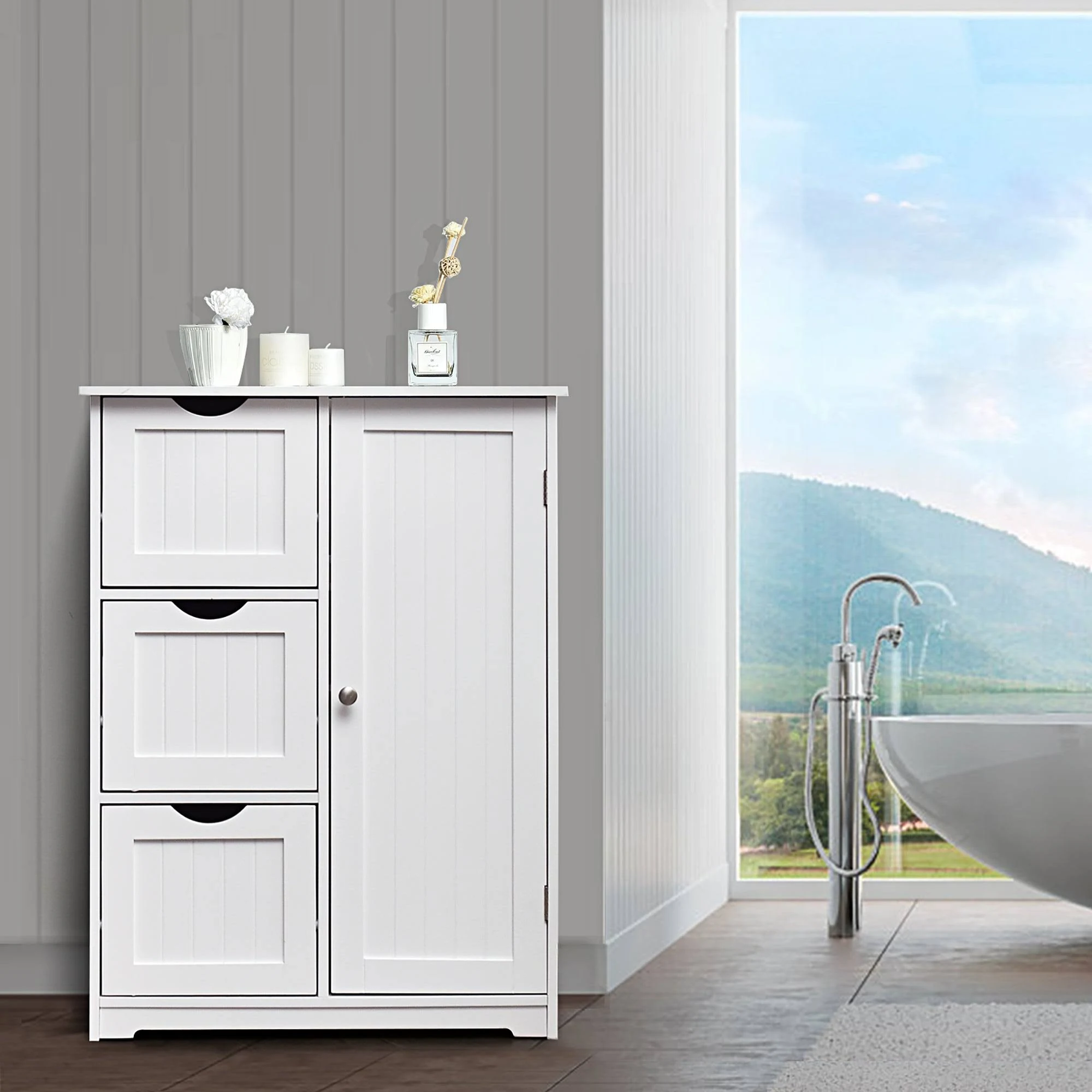 Bathroom Floor Cabinet Wooden with 1 Cupboard and 3 Drawers - Grey