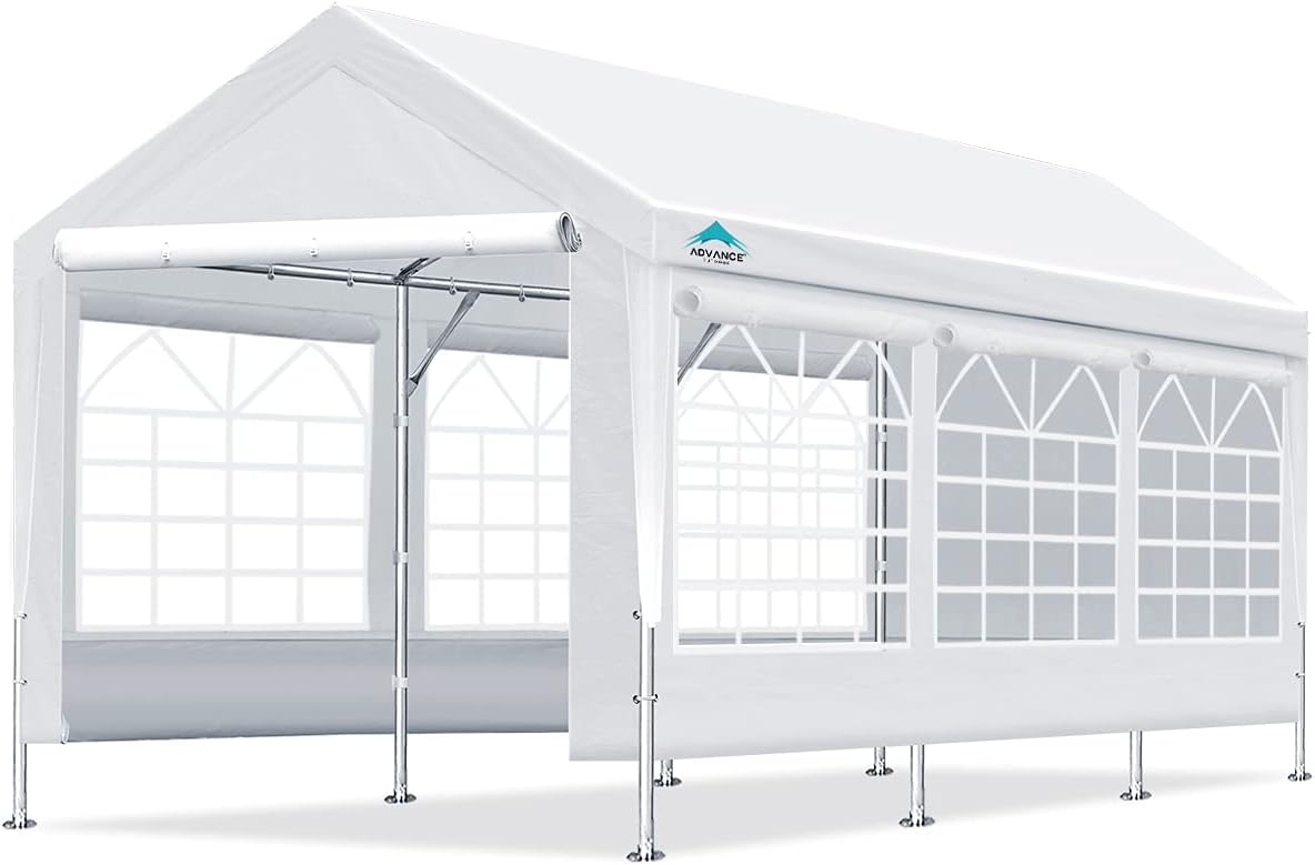 ADVANCE OUTDOOR Adjustable 10x20 ft Heavy Duty Carport Car Canopy Garage Shelter Party Wedding Boat Tent with Removable Window Sidewalls and Doors, Adjustable Height from 9.5ft to 11ft, White